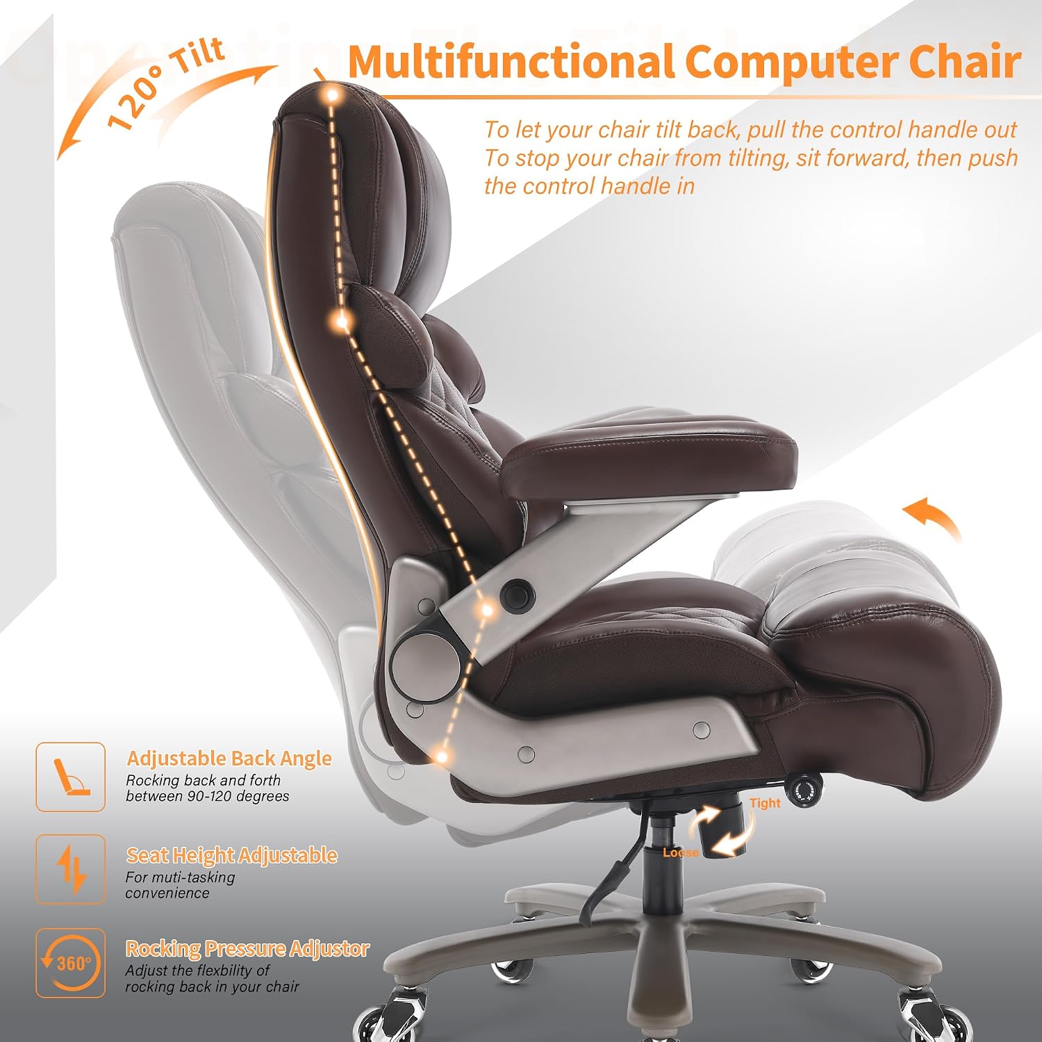 VUZI 700lbs Big and Tall Office Chair-Large Computer Chair with Adjustable Lumbar Support 3D Flip Arms Plus Size Wheels, High Back Executive Desk Chair, Heavy Duty Metal Base, Thick Padded Wide Seat