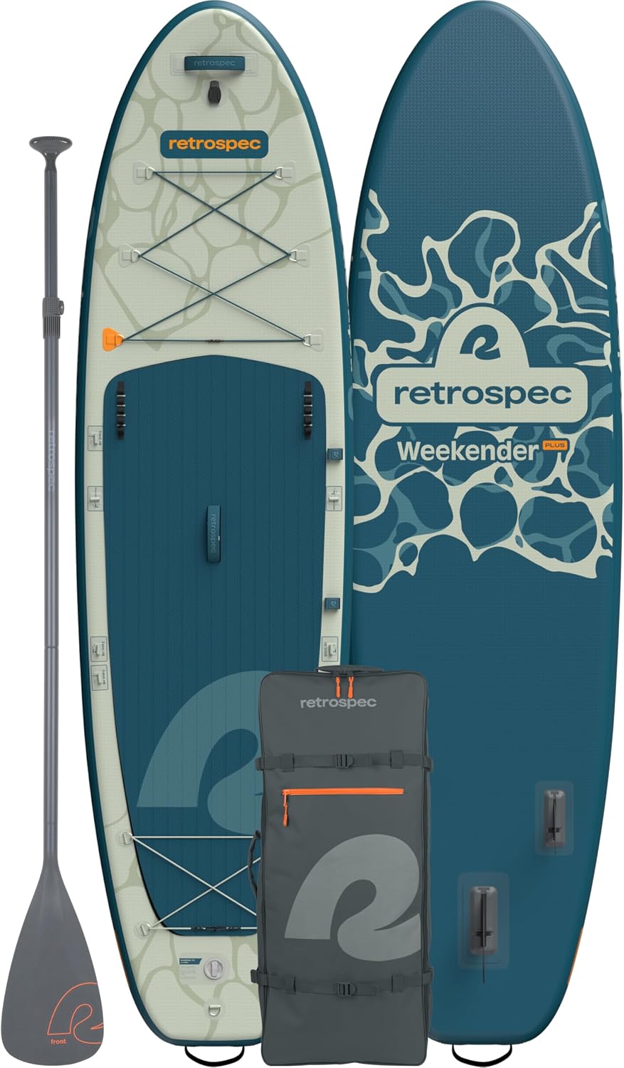 Retrospec Weekender Plus 10' Inflatable Stand Up Paddleboard Double Layer PVC iSUP Bundle w/Carrying case, 3 Piece Adjustable Aluminum Paddle, 3 Removable fins, Pump, and Cell Phone case
