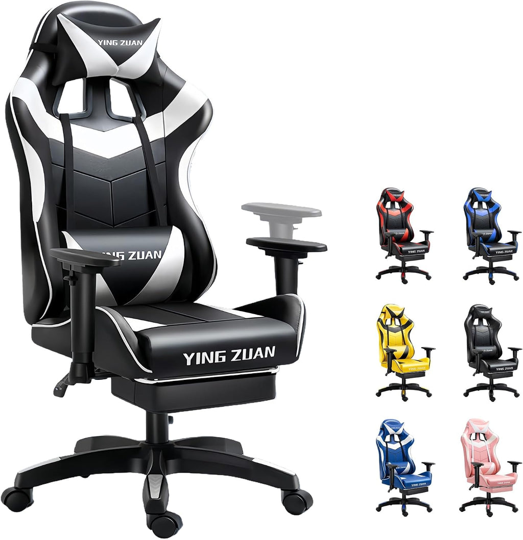 Ergonomic Gaming Chair with Latex Seat, High Back Computer Office Chair with Speakers & Massage Lumbar Support, 3D Adjustable Armrests, Retractable Footrest, 138° Reclining for Adults(Black+White)