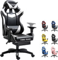 Ergonomic Gaming Chair with Latex Seat, High Back Computer Office Chair with Speakers & Massage Lumbar Support, 3D Adjustable Armrests, Retractable Footrest, 138° Reclining for Adults(Black+White)