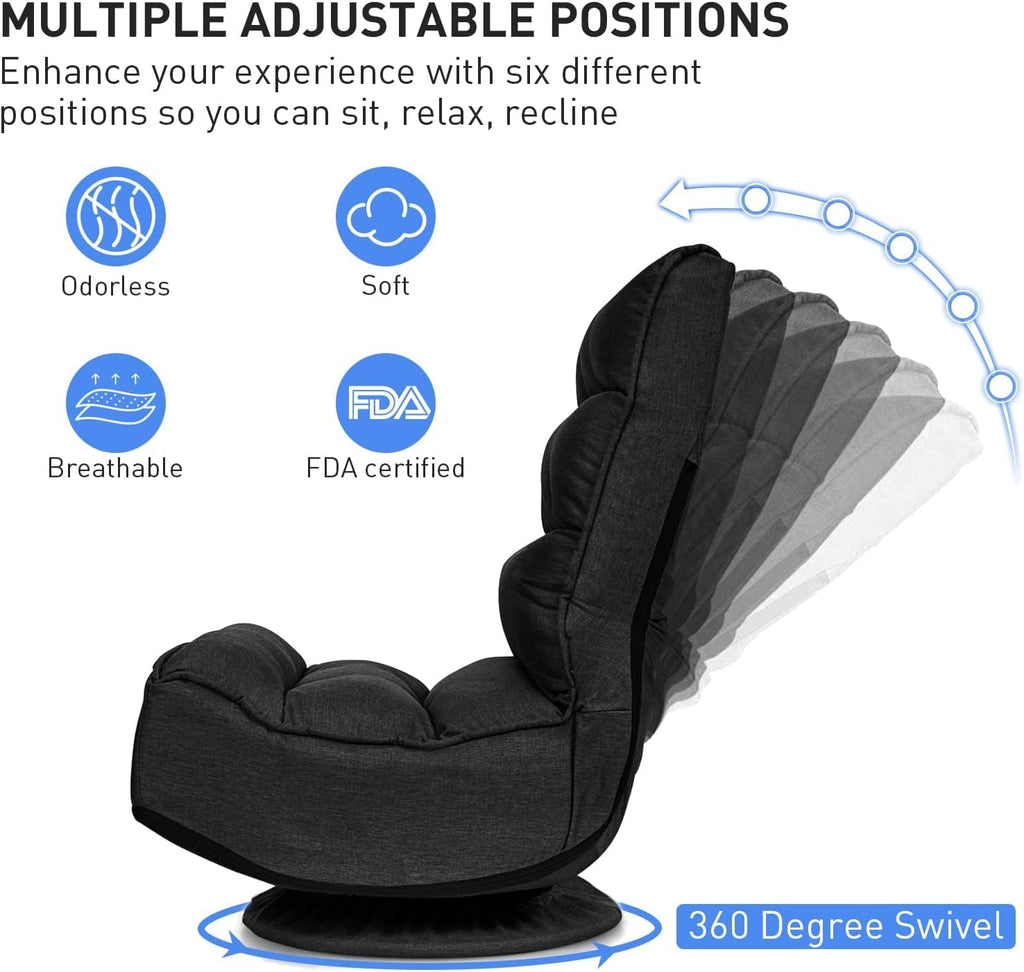 ERGOMASTER Reclining Folding Floor Gaming Chair w/ 360-Degree Swivel, 5 Adjustable Positions（Black）