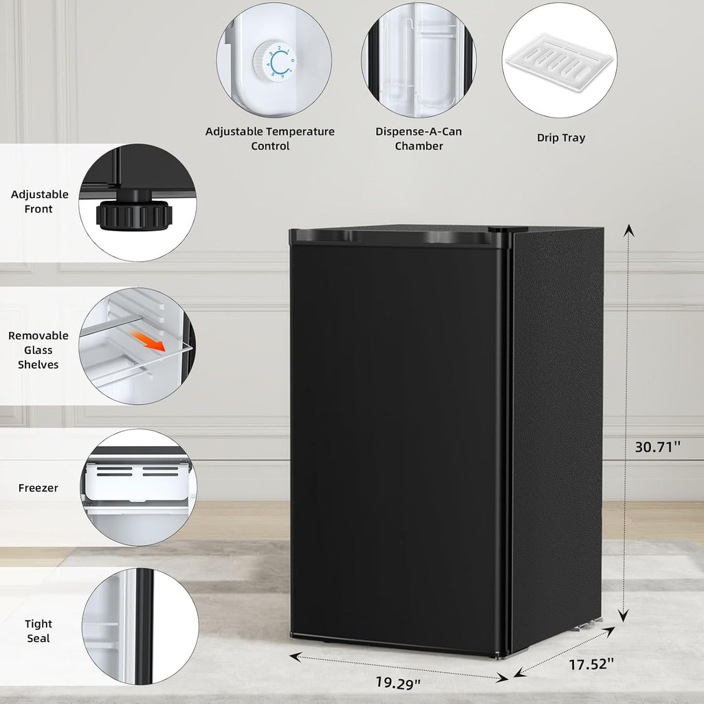 Antarctic Star 3.2 Cu.Ft.Compact Refrigerator with Freezer, Mini Fridge Single Door with Adjustable Thermostat,Removable Glass Shelves for Apartment,Dorm,Office,Kitchen，BLACK