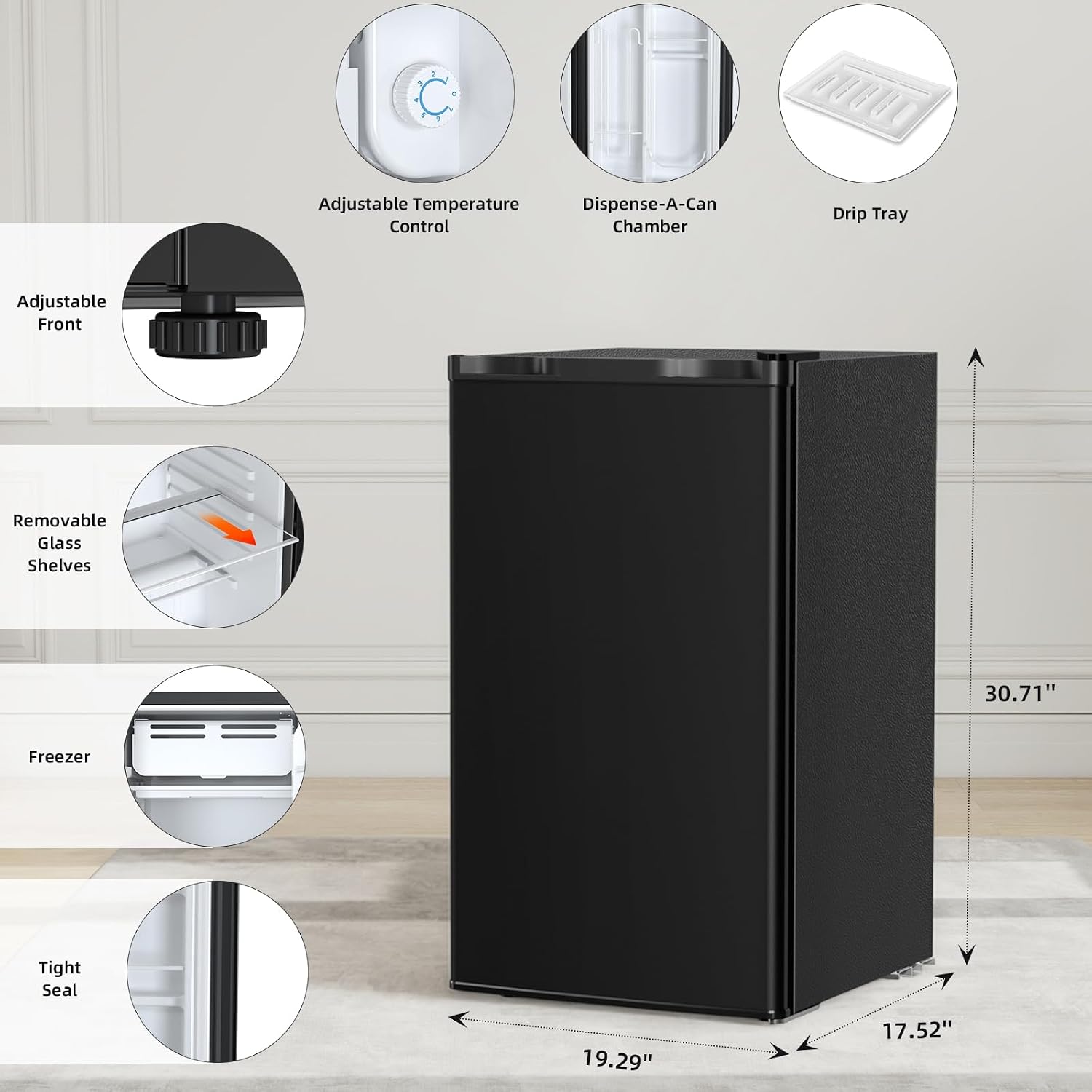 Antarctic Star 3.2 Cu.Ft.Compact Refrigerator with Freezer, Mini Fridge Single Door with Adjustable Thermostat,Removable Glass Shelves for Apartment,Dorm,Office,Kitchen，BLACK