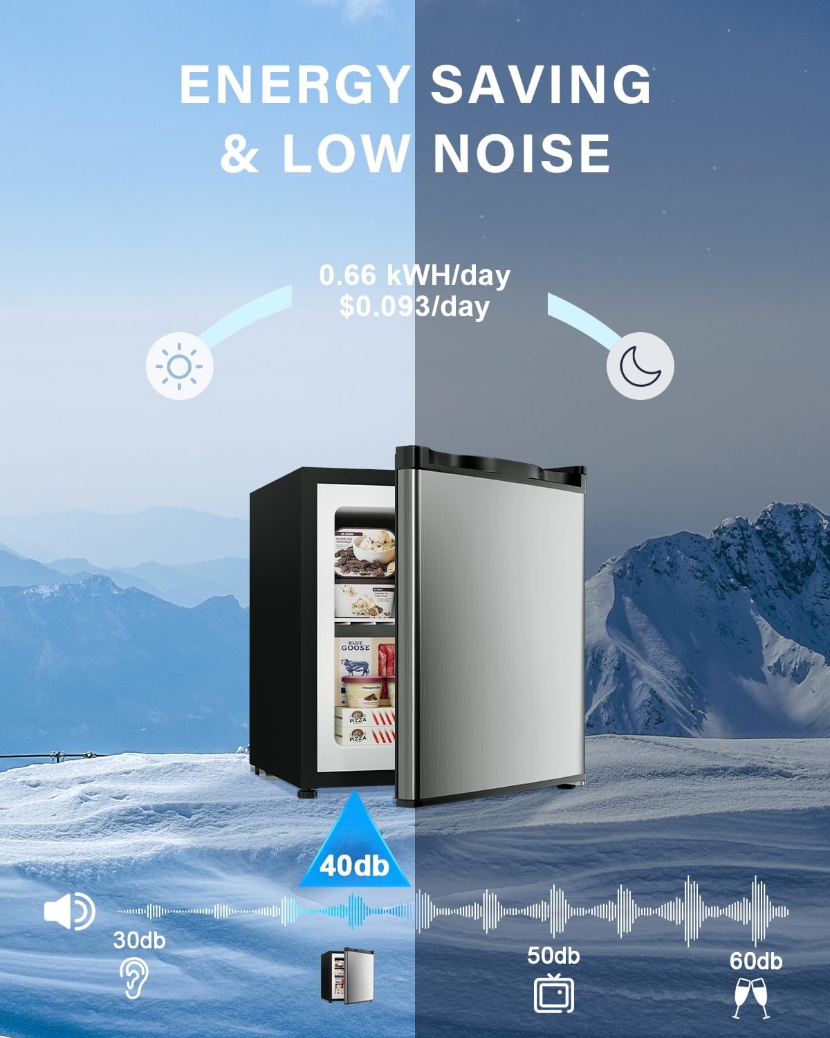Feelfunn 1.1 Cu.ft Mini Freezer - Compact Upright Freezer with 7 Adjustable Thermostat, Removable Shelf, Reversible Single Door, 360°Uniform Cooling Small freezer for Home Office Kitchen Dorm, Silver