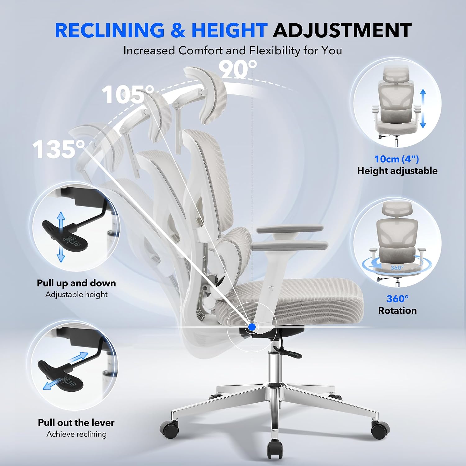 Office Chair Ergonomic Desk Chair - Home Mesh Office Desk Chair with Adjustable Lumbar Support, High-Back Computer Gaming Chair with Headrest 3D Armrests, Rolling Swivel Task Chairs for Home, Office