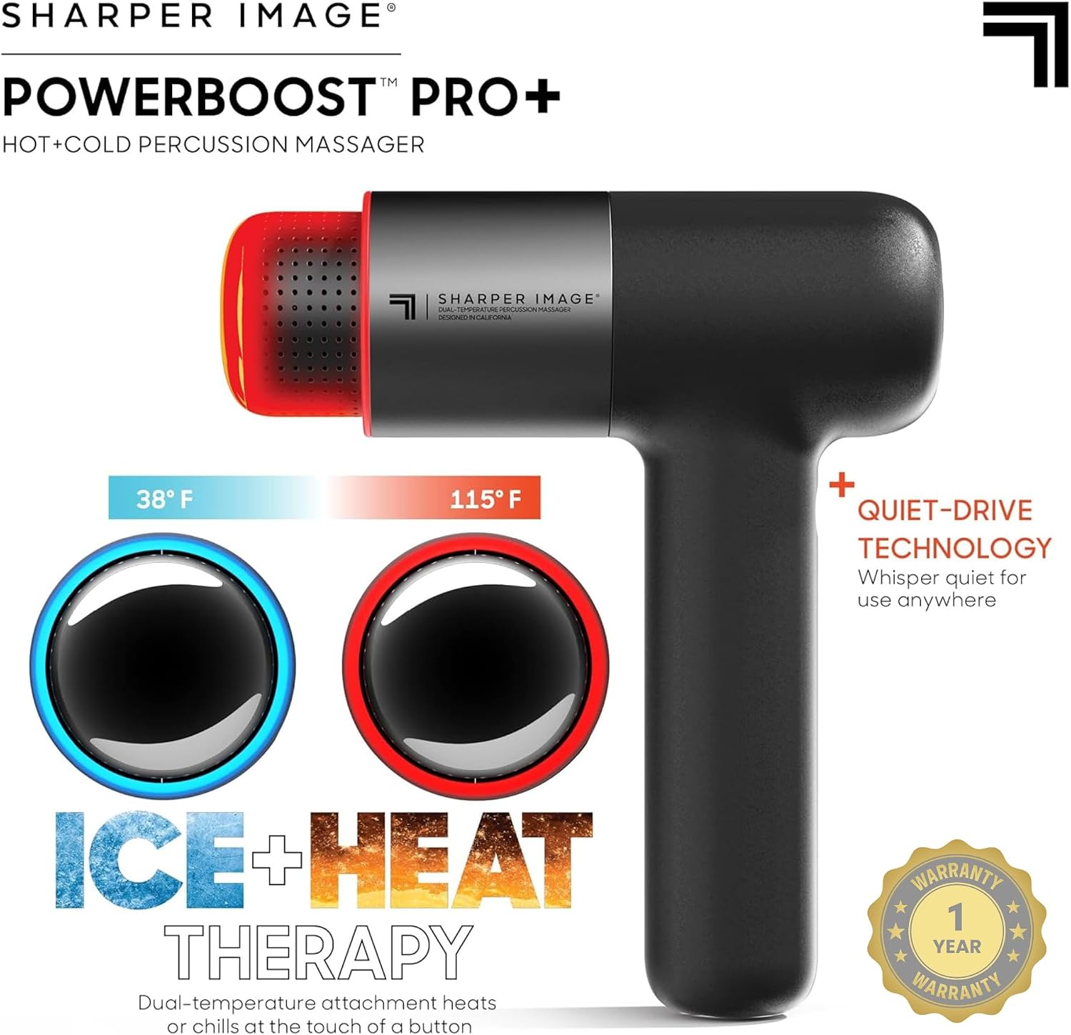 Sharper Image Deep Tissue Percussion Massage Gun, Powerboost Pro+ Hot & Cold Rechargeable Handheld Massager, 6 Adjustable Speeds, 6 Attachment Heads & Carrying Case, Muscle Pain Relief, Black
