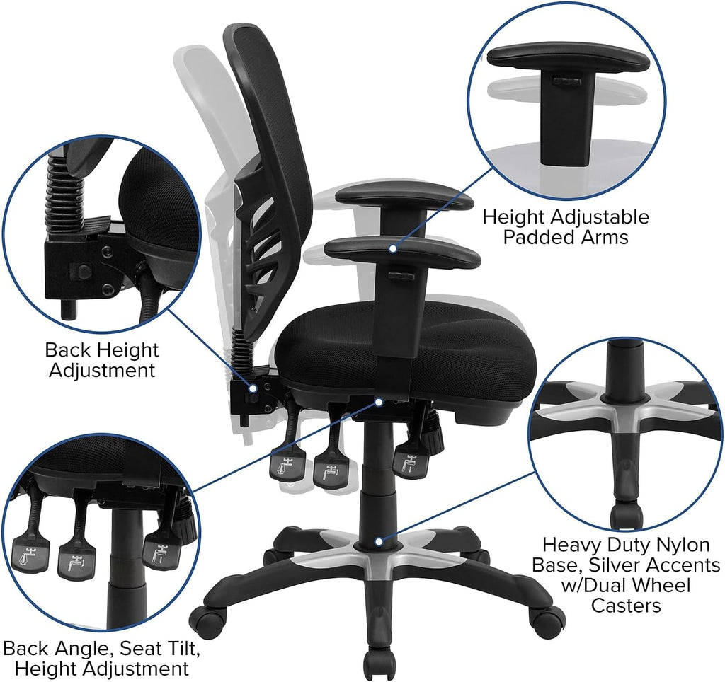 Flash Furniture Nicholas Mid-Back Black Mesh Multifunction Executive Swivel Ergonomic Office Chair with Adjustable Arms, Set of 4