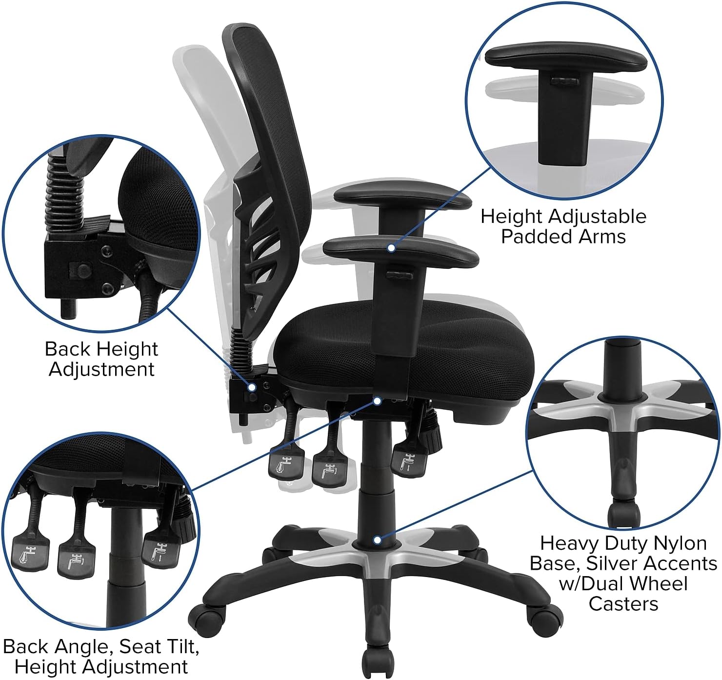 Flash Furniture Nicholas Mid-Back Black Mesh Multifunction Executive Swivel Ergonomic Office Chair with Adjustable Arms, Set of 4