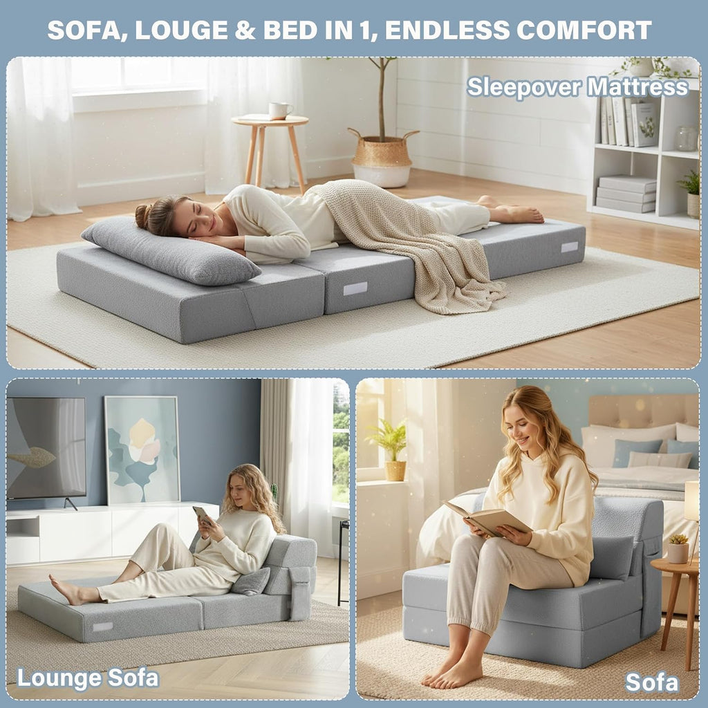 Tiita Convertible Folding Sofa Bed Twin Size for Adults with Pillow, Plush Fabric Floor Mattress Couch Bed, Washable Cover & Side Pocket, Guest Room, Dorm, Apartment, Living Room, White Gray