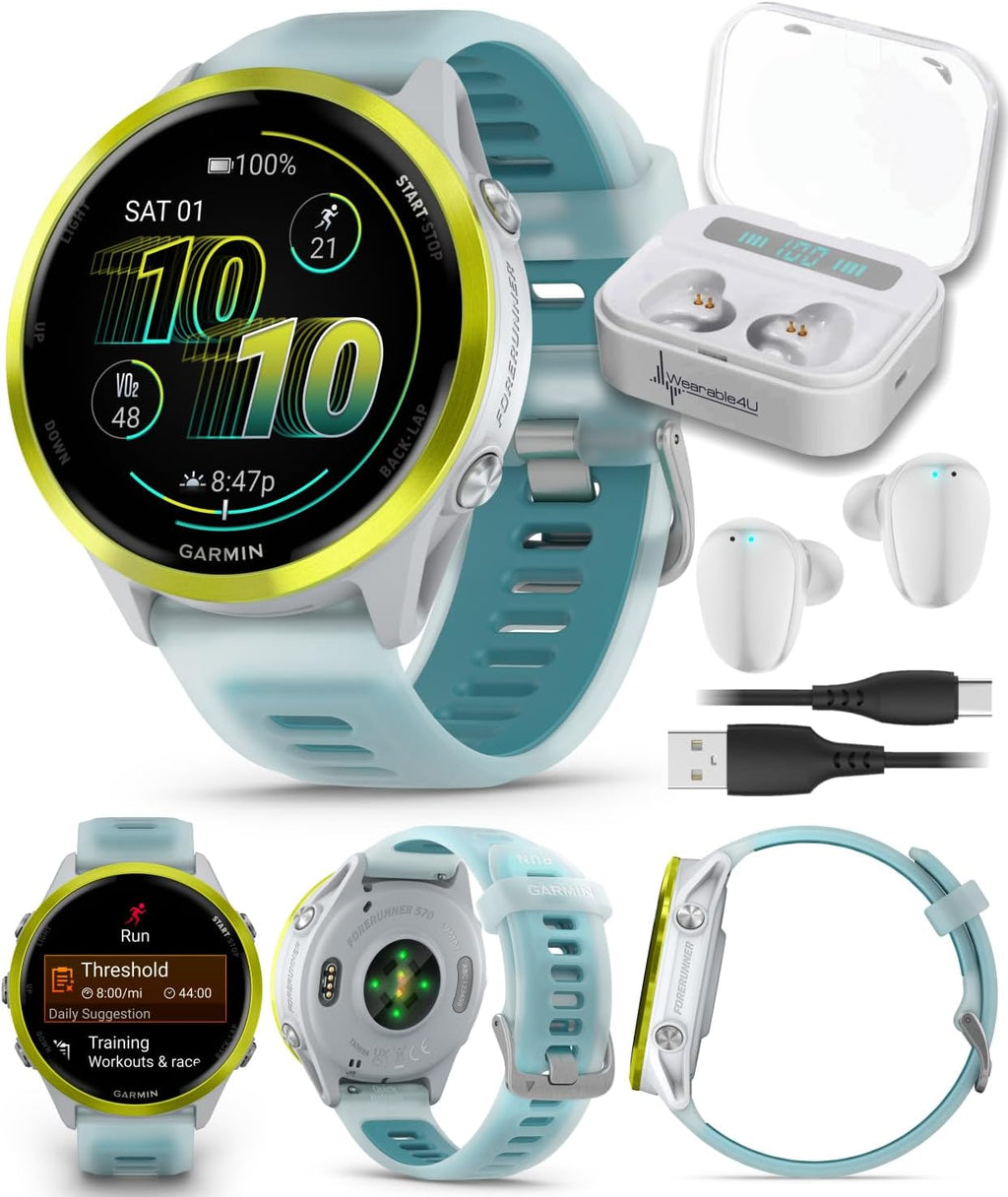 Garmin Forerunner 570 47mm Advanced GPS Running & Triathlon Smartwatch AMOLED Display Training & Recovery Amp Yellow Aluminum w/Translucent Whitestone/Turquoise Band w/ Wearable4U White EarBuds Bundle