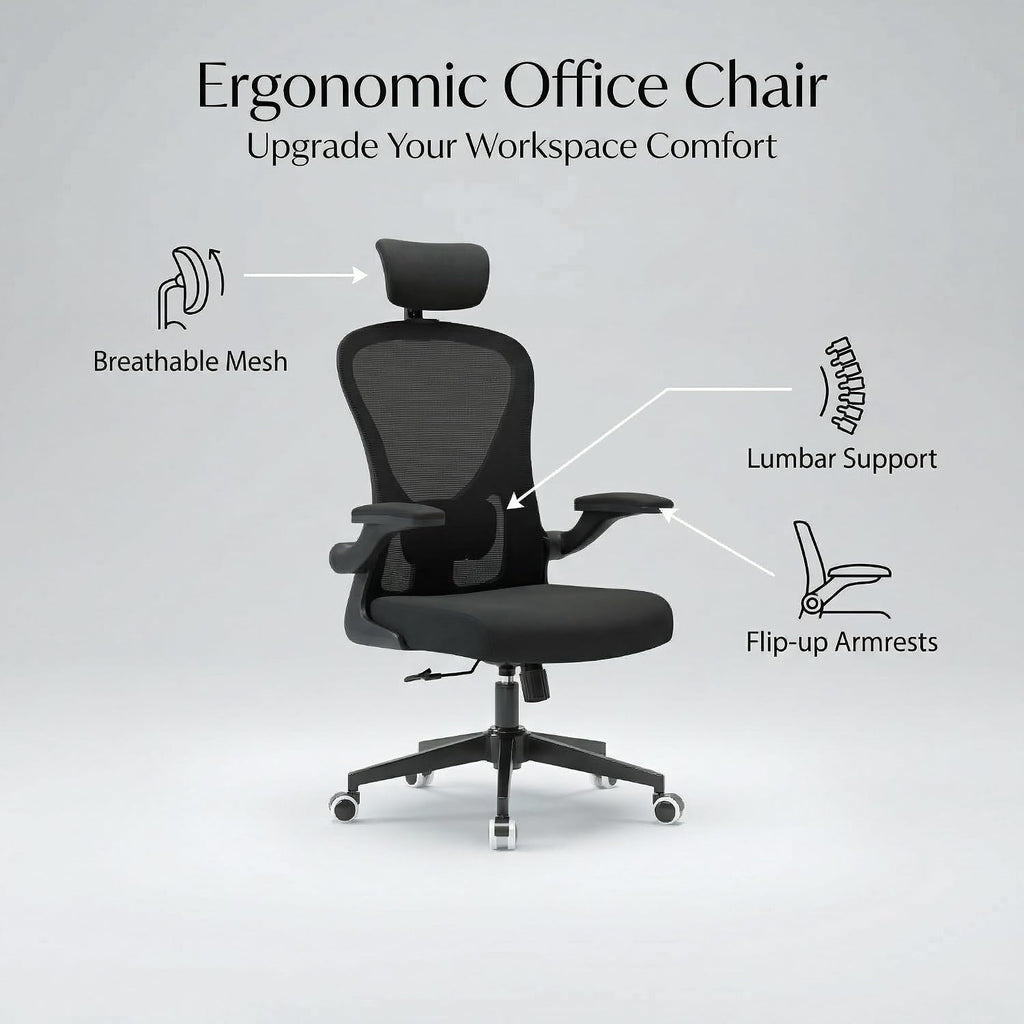 Office Chair with Adjustable Lumbar Support & Flip-Up Armrests -Ergonomic High Back Computer Desk Chair with Thickened Seat Cushion, Rolling Wheels for Home/Office Study Work (02H-Black)