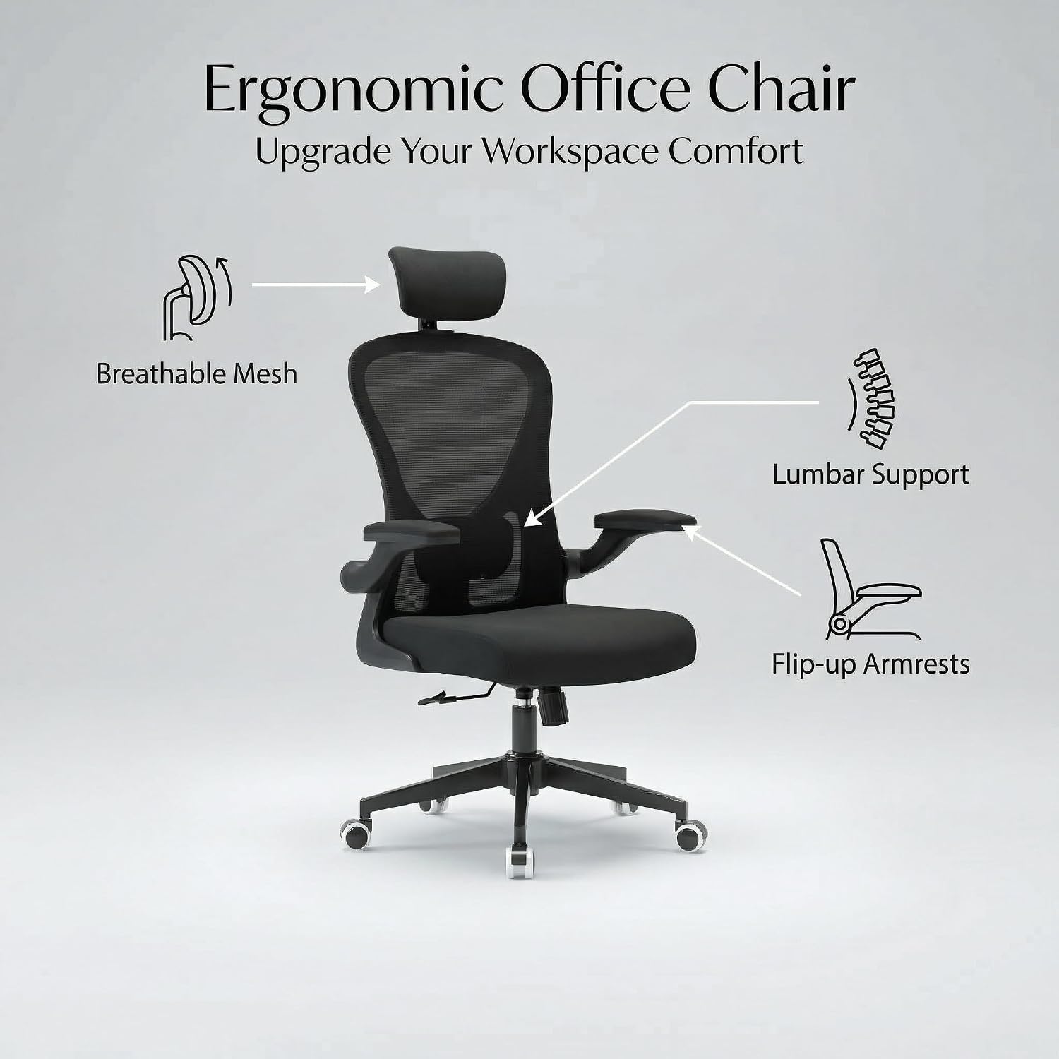 Office Chair with Adjustable Lumbar Support & Flip-Up Armrests -Ergonomic High Back Computer Desk Chair with Thickened Seat Cushion, Rolling Wheels for Home/Office Study Work (02H-Black)