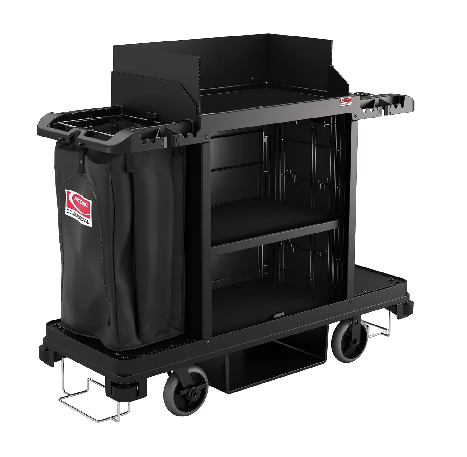 Suncast Commercial Standard Housekeeping Cart with Laundry Bag, Vacuum Holders, Integrated Cleaning Tool Storage, 56' Height x 22' Width, Made in the USA