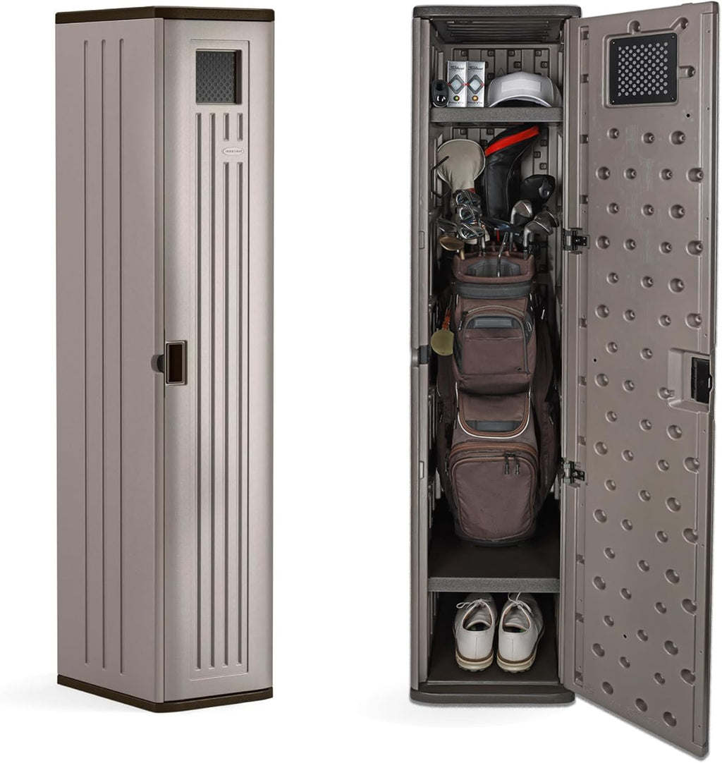 Suncast Garage and Golf Storage Organizer – Golf Rack and Bag Storage, Hall Tree with Shoe Cubby, Heavy-Duty Resin Locker Cabinet with Adjustable Shelves, Lockable, for Golf Equipment, Made in the USA