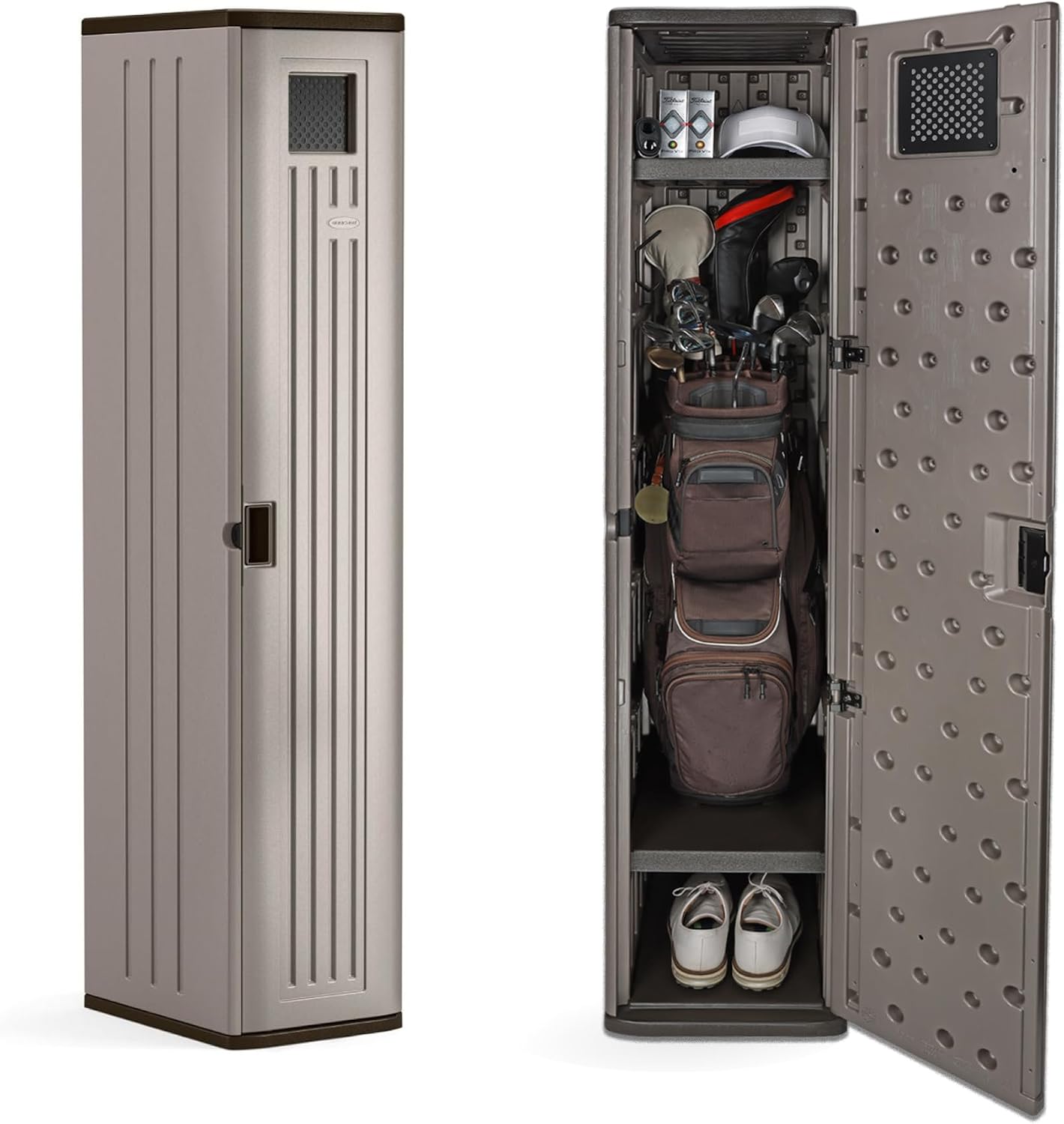 Suncast Garage and Golf Storage Organizer – Golf Rack and Bag Storage, Hall Tree with Shoe Cubby, Heavy-Duty Resin Locker Cabinet with Adjustable Shelves, Lockable, for Golf Equipment, Made in the USA