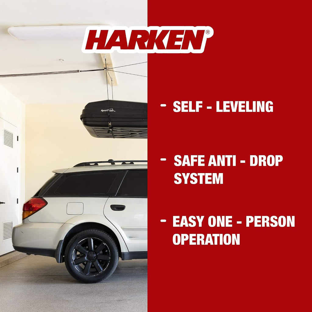 HARKEN Hoister Heavy Cargo Carrier Overhead Garage Storage 4-Point Hoist System for 145lb Carriers, Boxes, Kayaks, Canoes (145lb max load,12ft.Ceiling), Model 7803.12