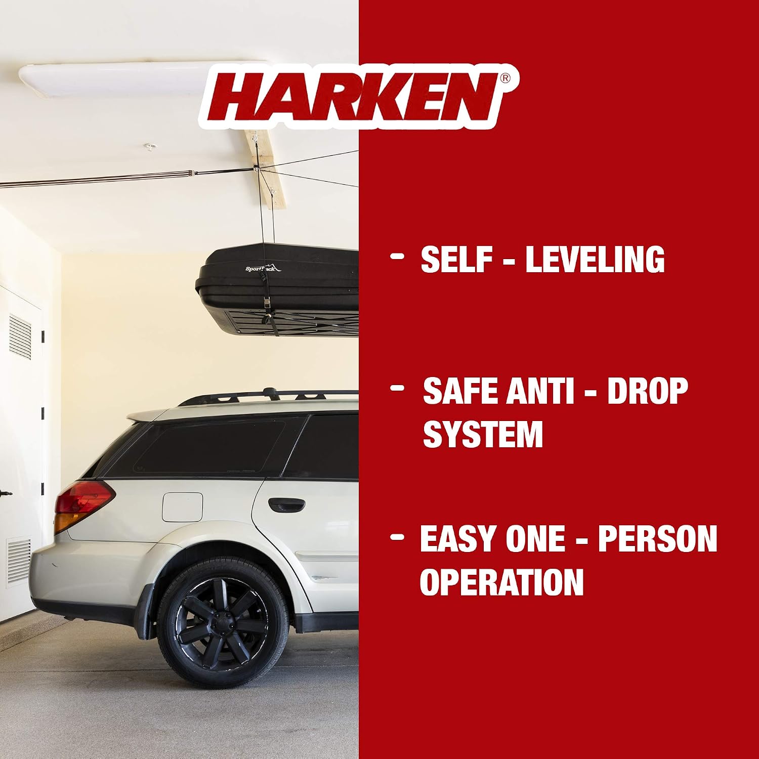 HARKEN Hoister Standard Cargo Carrier Overhead Garage Storage 4-Point Hoist System for 90lb Carriers, Kayaks, Boxes, Canoes, Surf & Paddle Boards, (90lb Capacity, 10ft Ceiling), Model 7802