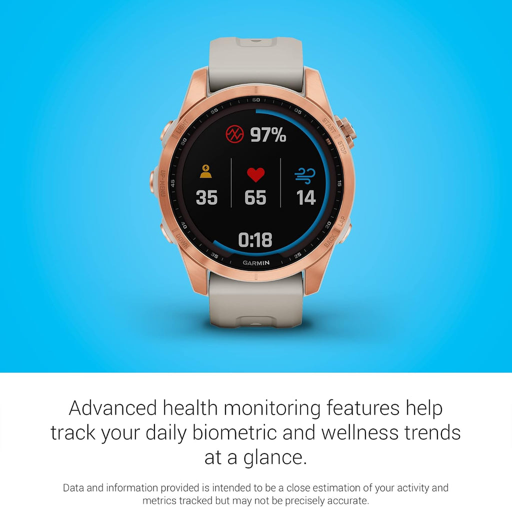 Garmin Fenix 7S Solar, Smaller Sized Adventure smartwatch, with Solar Charging Capabilities, Rugged Outdoor Watch with GPS, Touchscreen, Health and Wellness Features, Rose Gold with Light Sand Band