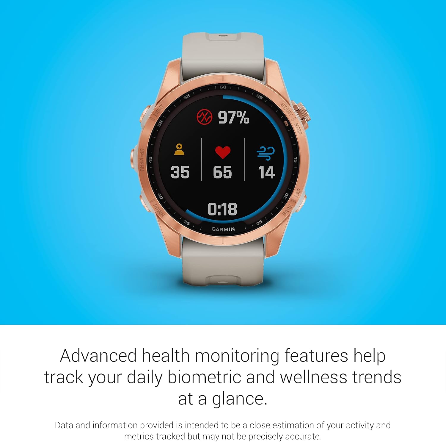 Garmin Fenix 7S Solar, Smaller Sized Adventure smartwatch, with Solar Charging Capabilities, Rugged Outdoor Watch with GPS, Touchscreen, Health and Wellness Features, Rose Gold with Light Sand Band