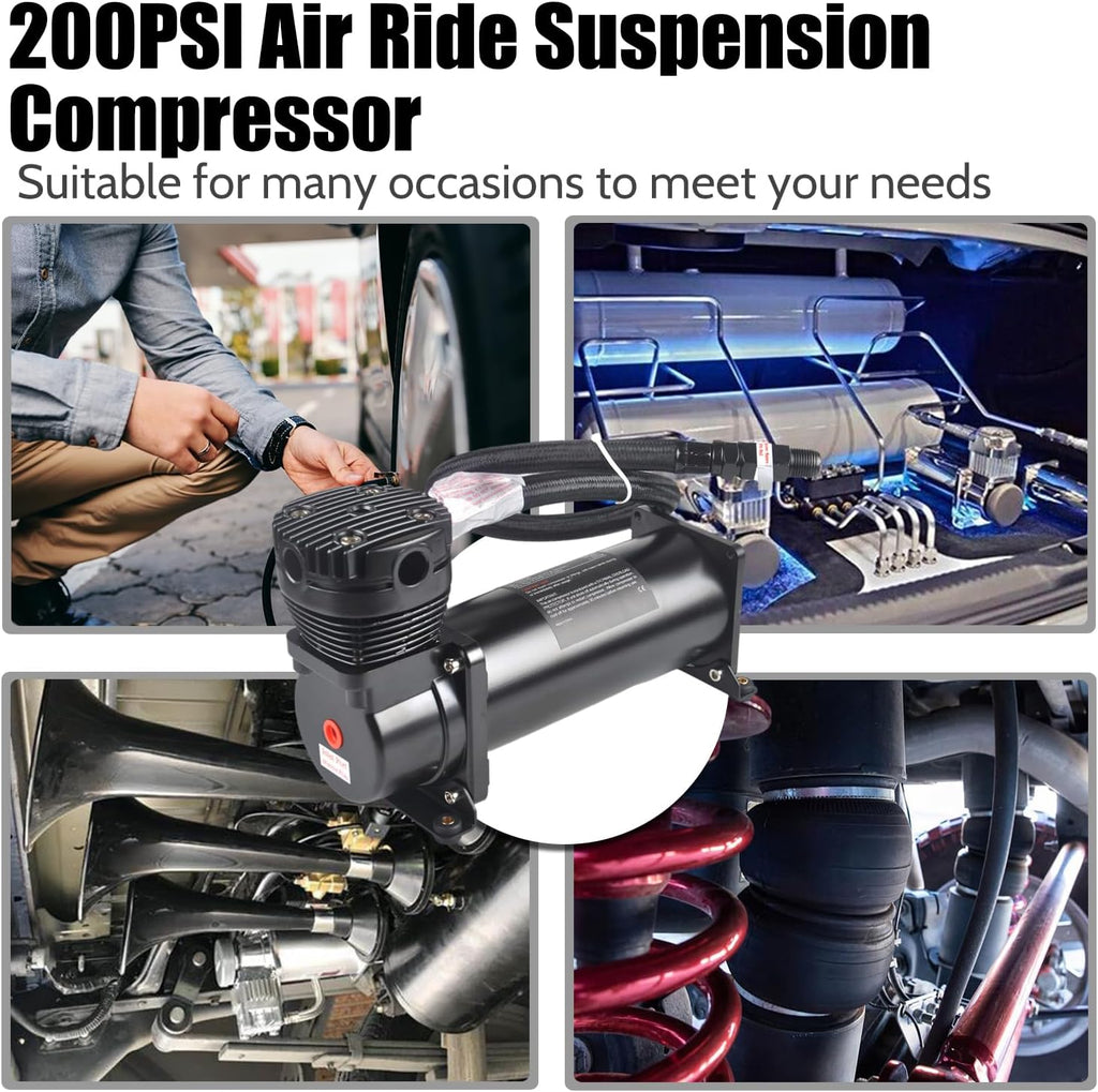 2PCS 200PSI Heavy Duty Air Train Horn/Air Ride Suspension Compressor 12V 3/8 NPT Black for Car Horns