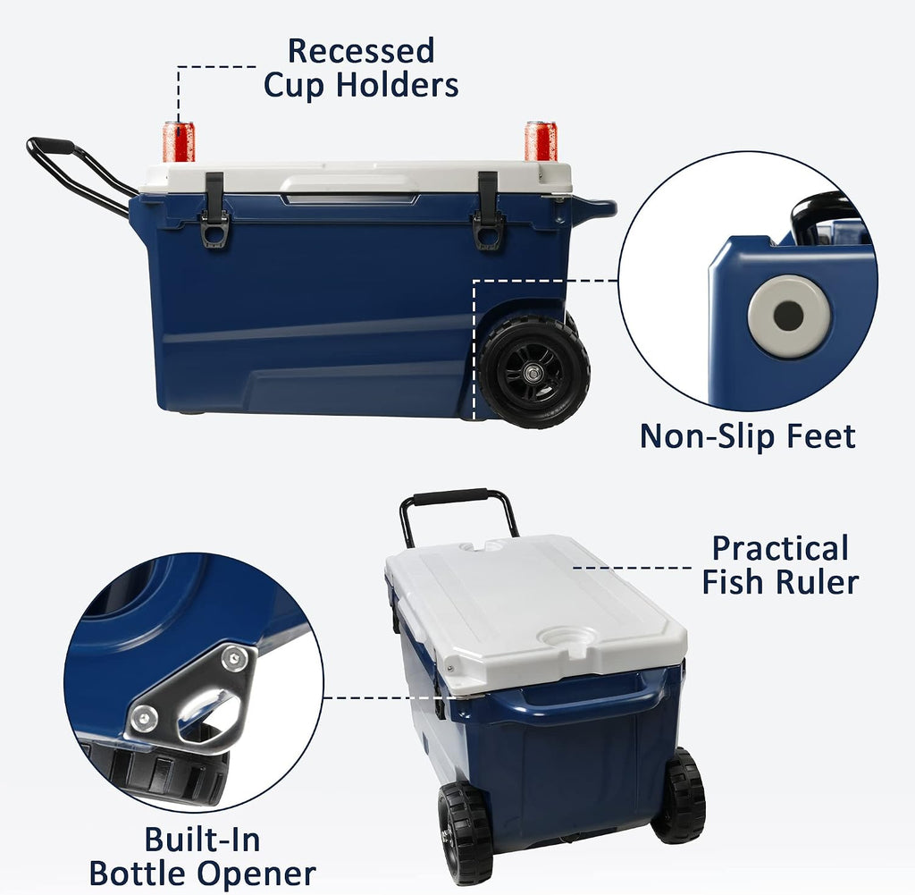 LUCKYERMORE 52Qt Portable Ice Cooler with Wheels & Handle, 30% Lighter Than Rotomolded Coolers, Heavy Duty Hard Cooler for Camping, Fishing, Road Trips, 5-Day Cold Retention