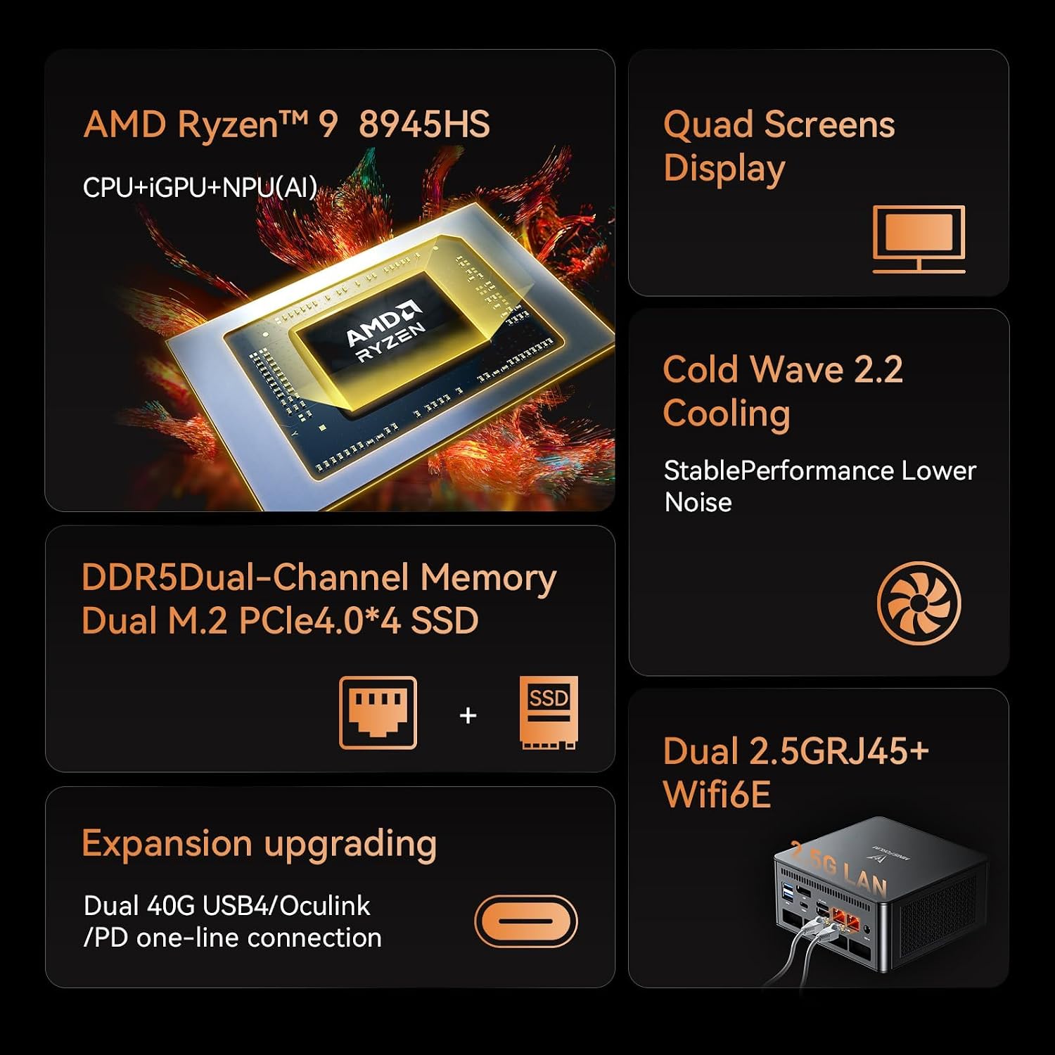 MINISFORUM DeskMimi Mini PC, Ryzen 9 8945HS 5.2GHz, 32GB DDR5 5600MHz + 1TB PCIe 4.0 SSD, Radeon 780M, Quad 4K Display(HDMI/DP1.4/USB4 х 2), Dual 2.5G LAN Mini Desktop Computer