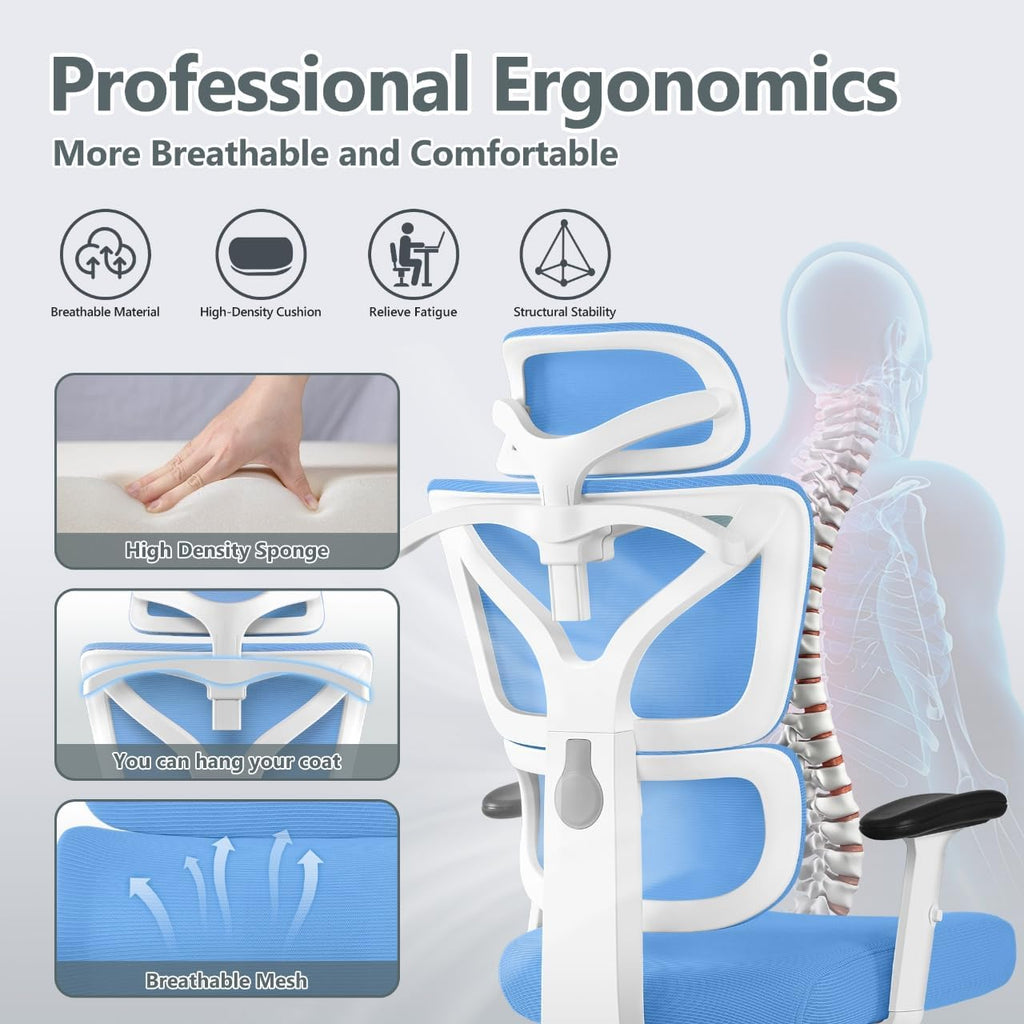 Winrise Office Chair Ergonomic Desk Chair, High Back Gaming Chair, Big and Tall Reclining chair Comfy Home Office Desk Chair Lumbar Support Breathable Mesh Computer Chair Adjustable Armrests(Sky Blue)