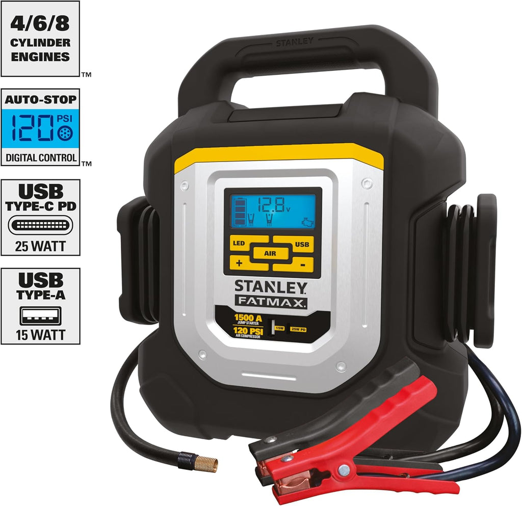 STANLEY J15CF 1500 Peak Amp Jump Starter, 120 PSI Compressor, Light, AC, and USB Power