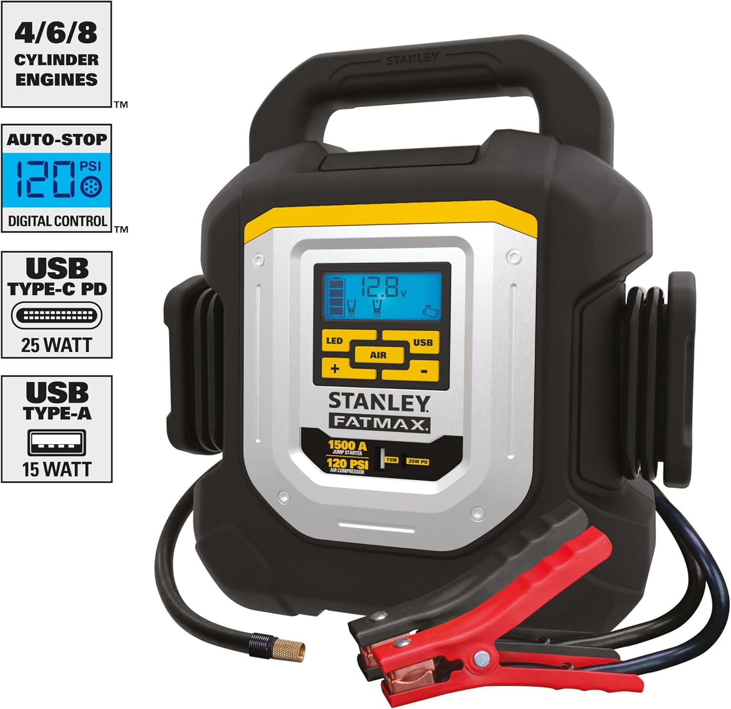 STANLEY J15CF 1500 Peak Amp Jump Starter, 120 PSI Compressor, Light, AC, and USB Power