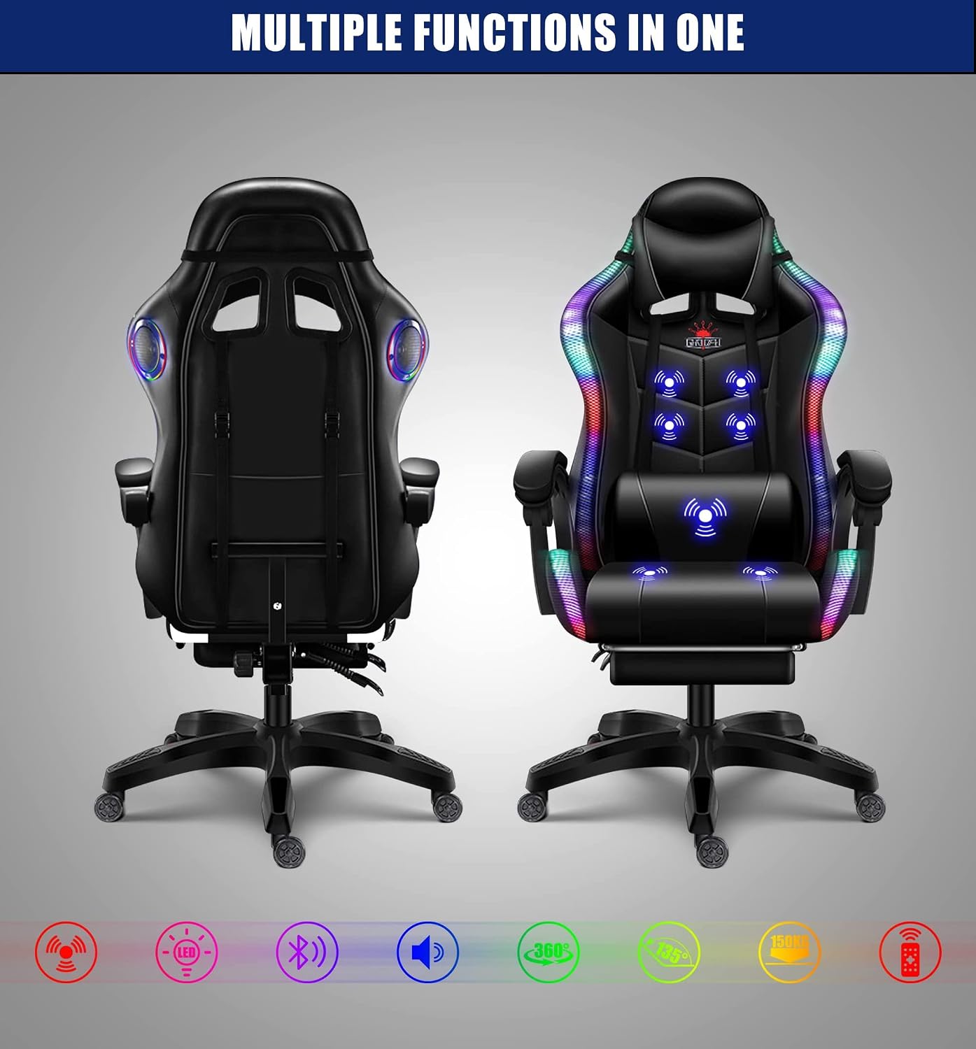 RGB Gaming Chair with Footrest,Gaming Chair with Speakers - with Full Massage Lumbar Support, Ergonomic Desk Computer Chair High Back & Lumbar Support Arms Backrest Adjustable,White