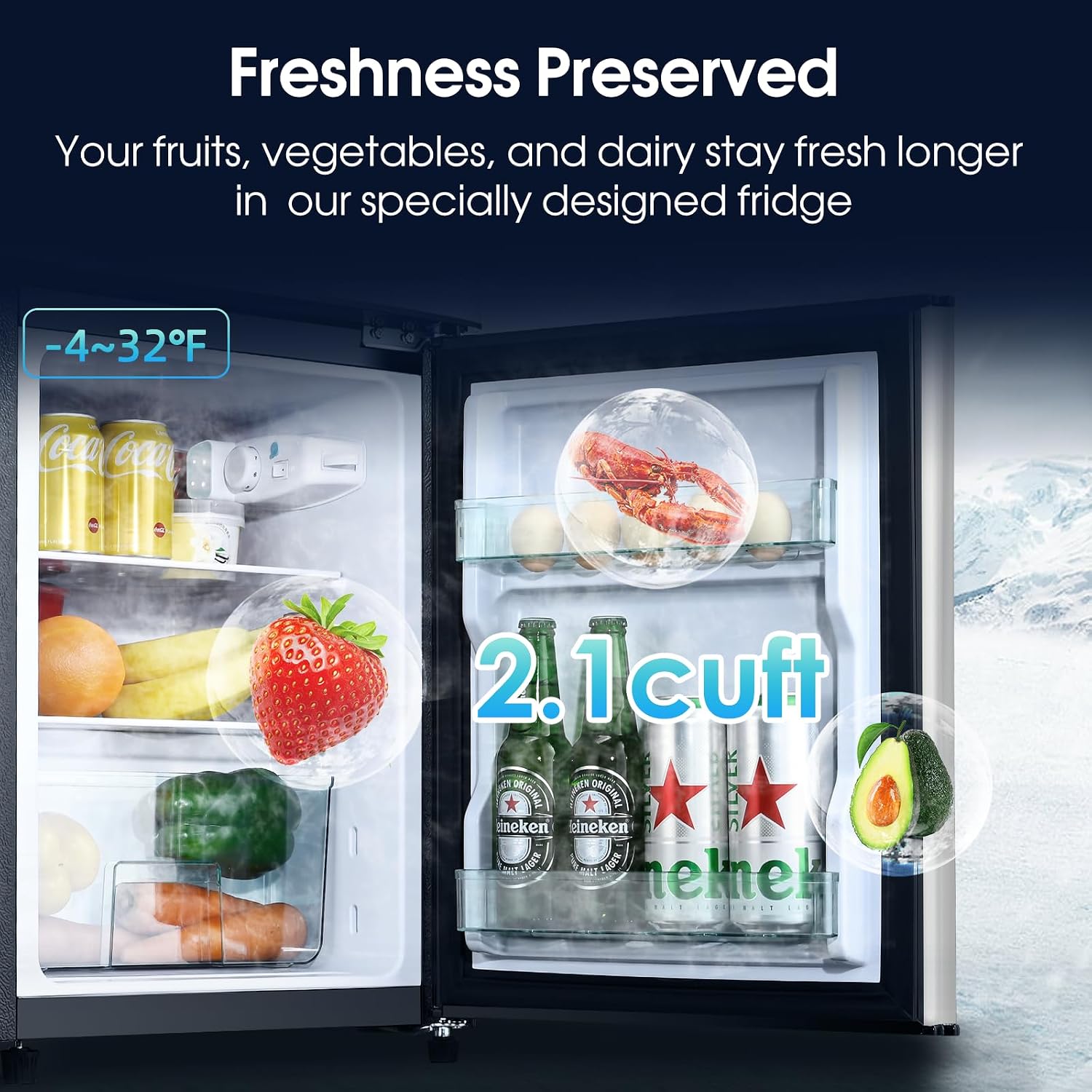 Anypro 3.2 Cu.Ft Fridge with Freezer with 2 Doors, Refrigerator with 7 Level Temperatures, LED Light, Adjustable Shelves, Food Storage Cooling Drink for Bedroom, Office, Dorm, Apartment, Silver