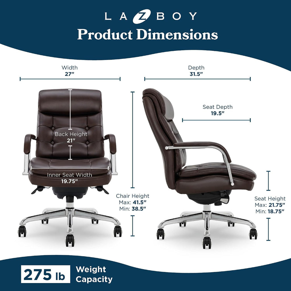 La-Z-Boy Sonata Executive Mid-Back Office Chair, Button-Tufted Seat and Back, Double-Layer Cushion, Padded Armrests, Ergonomic Computer DeskChair, Swivel Metal Base, Bonded Leather, Dark Brown/Chrome