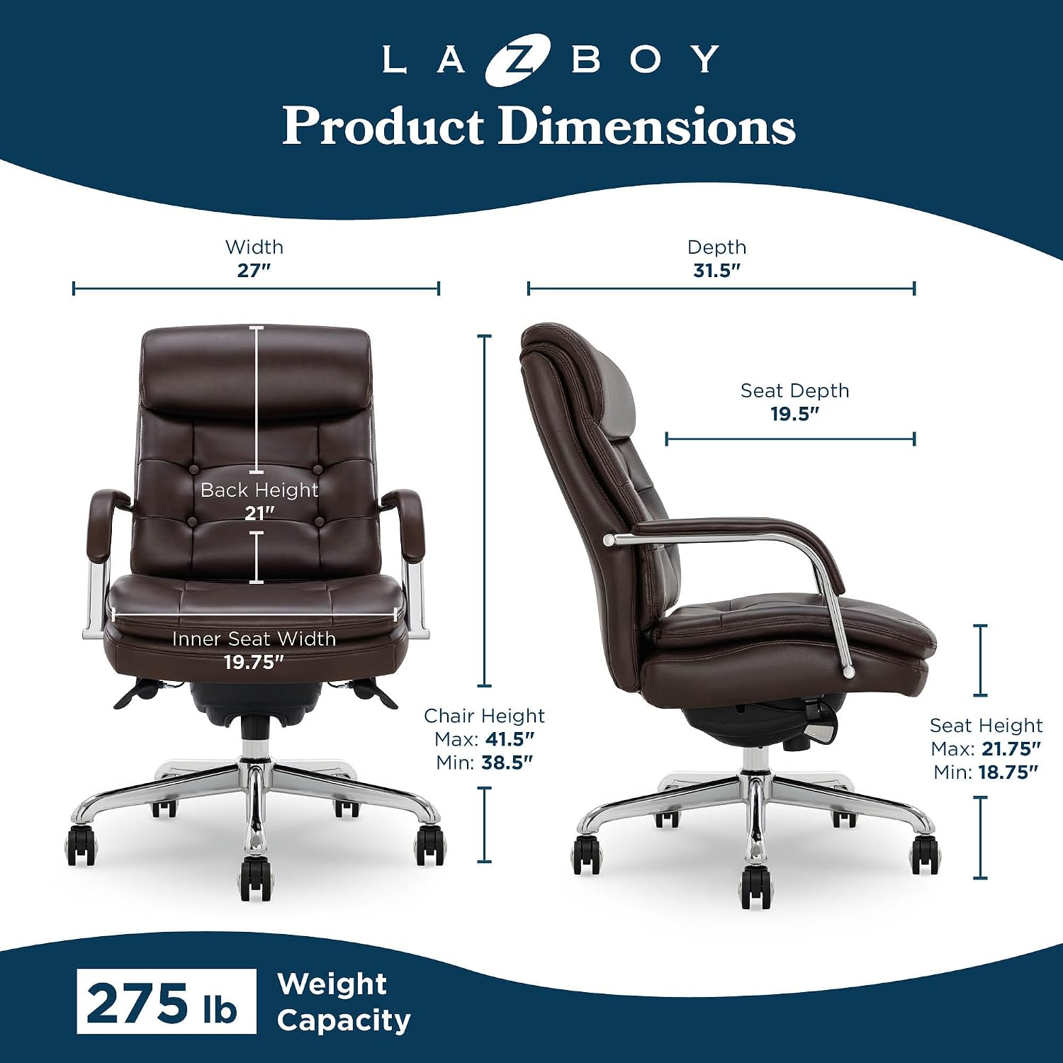 La-Z-Boy Sonata Executive Mid-Back Office Chair, Button-Tufted Seat and Back, Double-Layer Cushion, Padded Armrests, Ergonomic Computer DeskChair, Swivel Metal Base, Bonded Leather, Dark Brown/Chrome