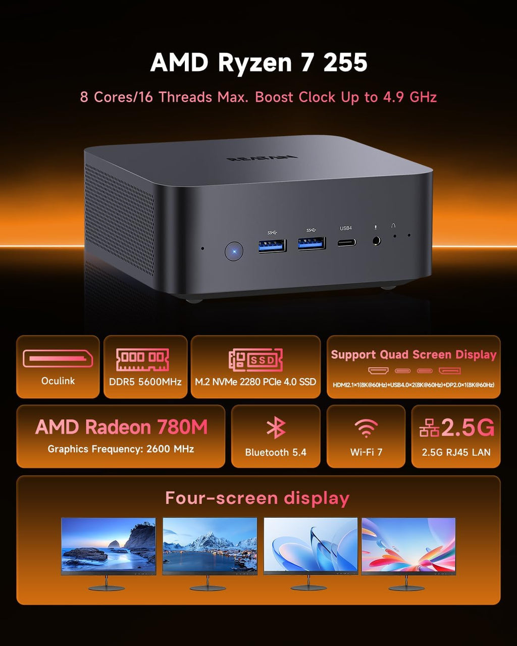 Reatan Mini PC Gaming OCuLink Radeon 780M 2600 MHz AMD Ryzen 7 255(Upgraded 8745HS) 32GB DDR5 1TB SSD RAM, Mini Computers, Built-in Dual Speakers, 2.5Gbps LAN,HDMI 2.1, 8K USB 4.0 Wi-Fi 7/BT5.4