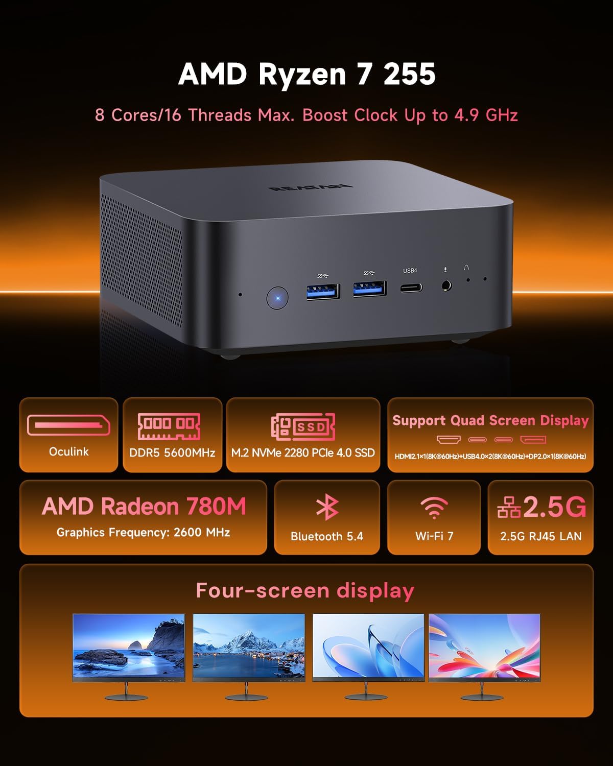 Reatan Mini PC Gaming OCuLink Radeon 780M 2600 MHz AMD Ryzen 7 255(Upgraded 8745HS) 32GB DDR5 1TB SSD RAM, Mini Computers, Built-in Dual Speakers, 2.5Gbps LAN,HDMI 2.1, 8K USB 4.0 Wi-Fi 7/BT5.4