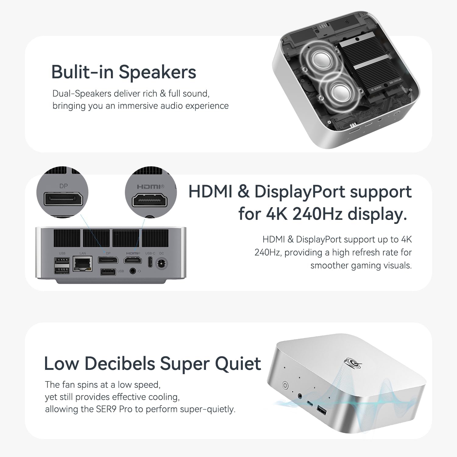 Beelink SER9 Pro Mini PC with AMD Ryzen AI 9 HX 370 12C/24T, 32GB LPDDR5X 1TB NVMe M.2 SSD, Triple Display Output, USB4, 2.5G RJ45, WiFi 6 (802.11ax), Bluetooth 5.2, W-11 Mini Gaming Computer(Gray)
