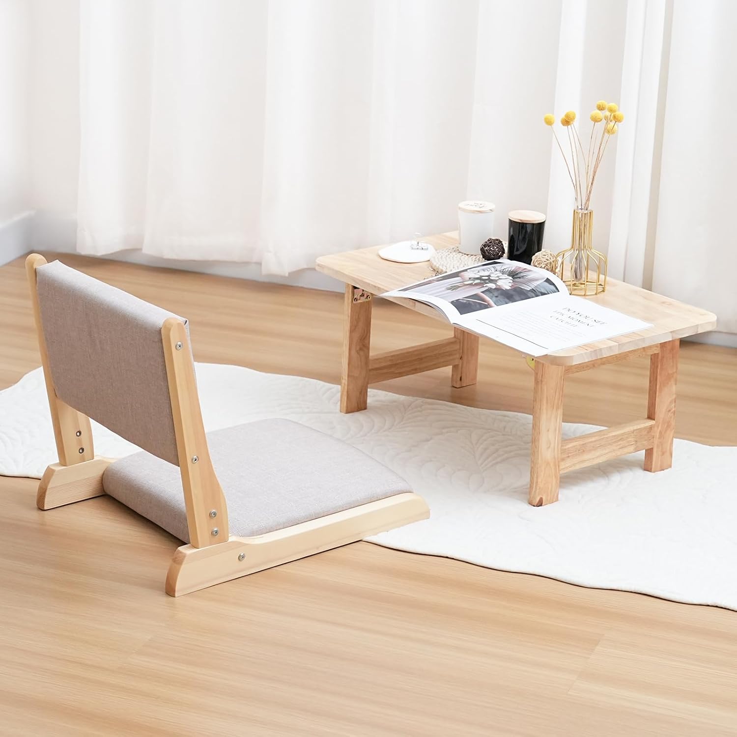 Japanese Floor Chair with Back Support, Foldable Meditation Chair, Legless Tatami Chair with Cushion, Floor Seat for Living Room, Bedroom, Bay Window (2, Gray)