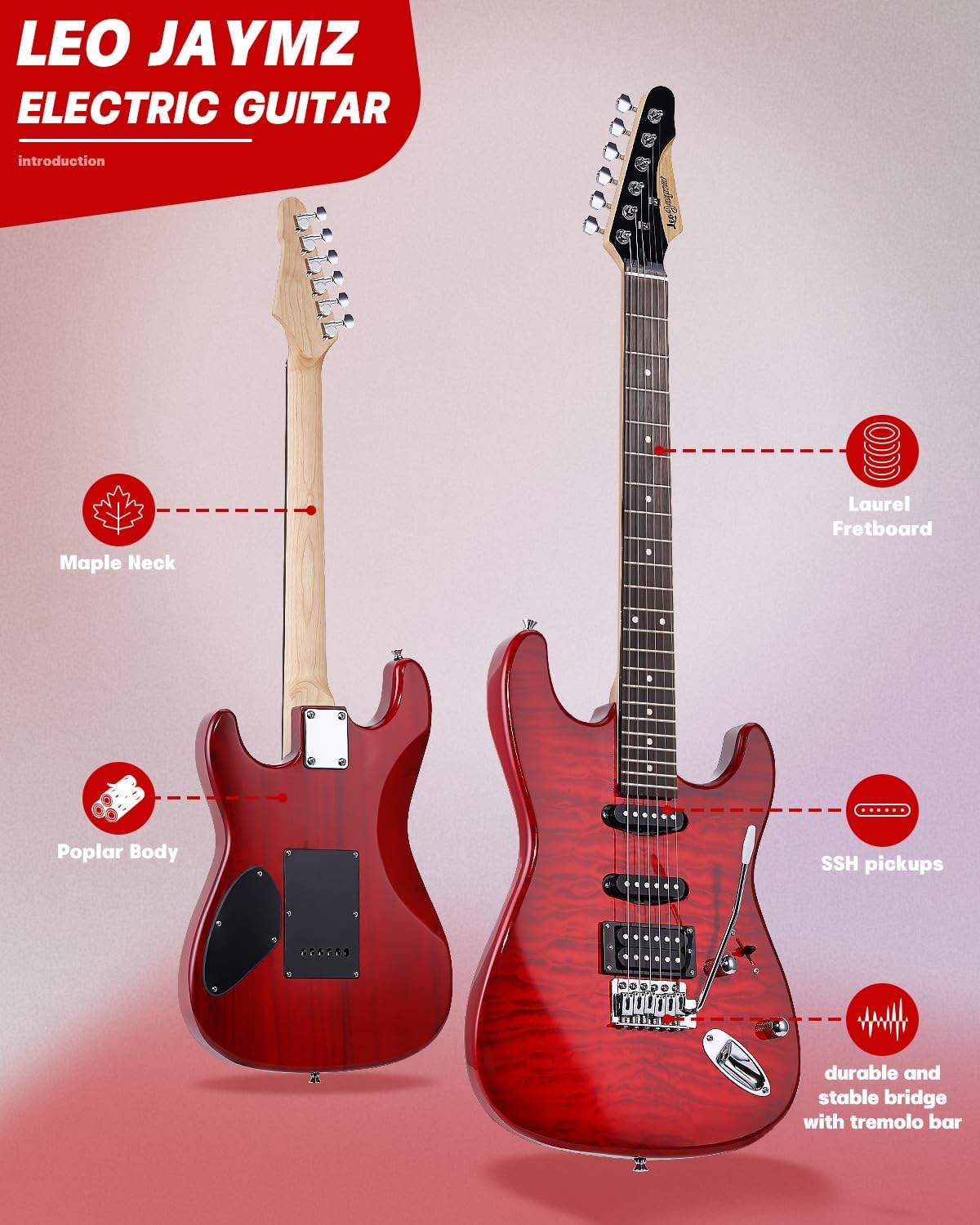 Leo Jaymz 39' Full Size ST Style Electric Guitar Starter Kit with SSH Pickup, 5W Portable Amp, Tuner, Gig Bag, Strap & Accessories (Red Ocean 5W)