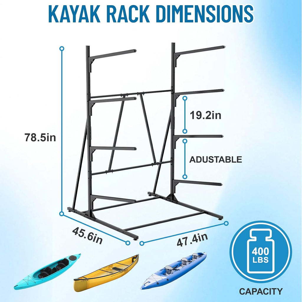 Kayak Storage Rack, Heavy Duty Freestanding Kayak Rack for Garage and Outdoor Storage, Kayak Stand Adjustable for Kayak, Canoe, Surfboard and Paddle Board, 4-Layer