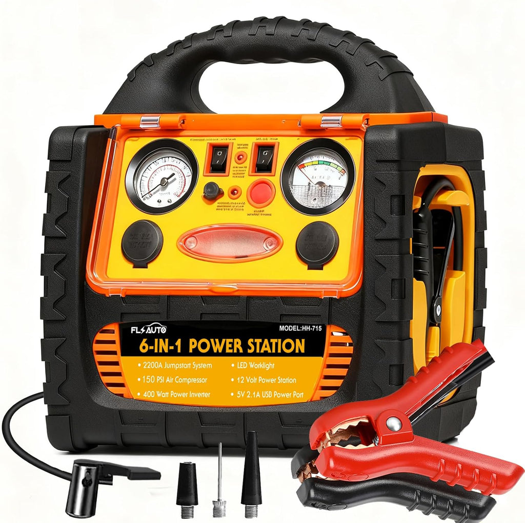 2200A Car Jump Starter with Air Compressor 150PSI,12V Portable Battery Jump Box (8.5L Gas/8L Diesel), Battery Booster with 400W Power Station AC/DC/USB