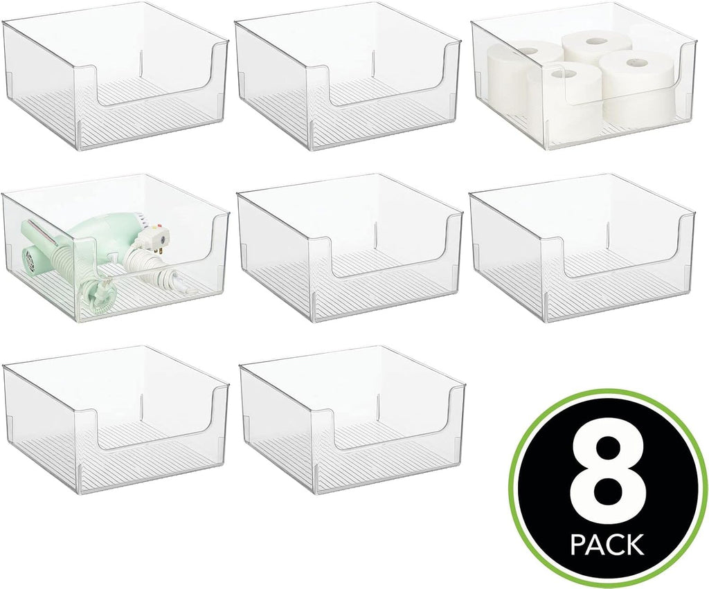 mDesign Modern Wide Plastic Open Front Dip Storage Organizer Bin Basket for Bathroom Organization - Vanity Shelf, Cubby, Cabinet, and Closet Organizing Decor - Ligne Collection - 8 Pack - Clear