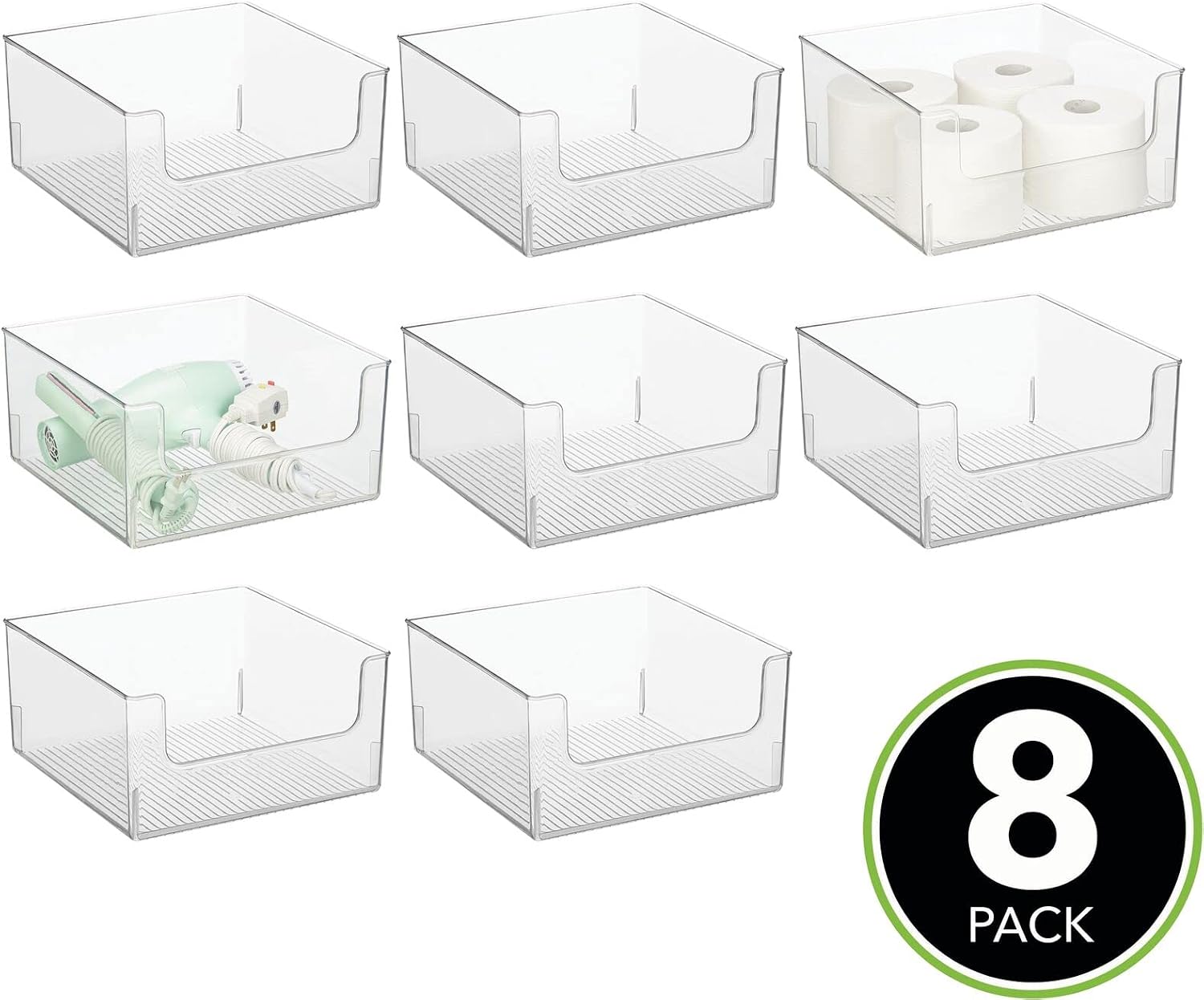 mDesign Modern Wide Plastic Open Front Dip Storage Organizer Bin Basket for Bathroom Organization - Vanity Shelf, Cubby, Cabinet, and Closet Organizing Decor - Ligne Collection - 8 Pack - Clear