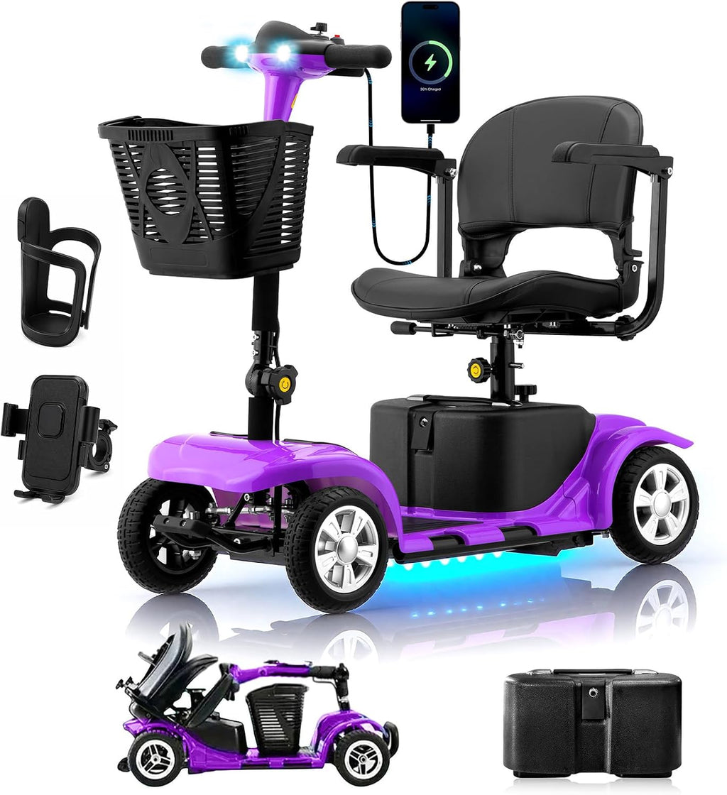 Mobility Scooter for Adults, Senior, 4 Wheels Electric Powered Chargeable Device for Travel, Lightweight Mobility Scooter with LED Headlights and Basket, Charger Included