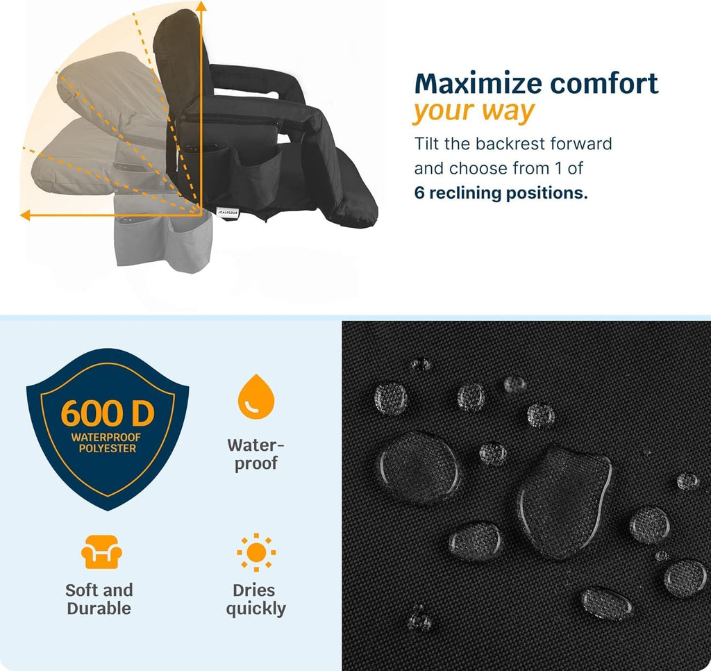 Alpcour Heated Reclining Stadium Seat for Bleachers – Wide Bleacher Chair with Back Support and Cushion, Armrests, Side Pockets, & Hook – Stadium Seats Chairs for Camping, Kayak, Paddle Board & More