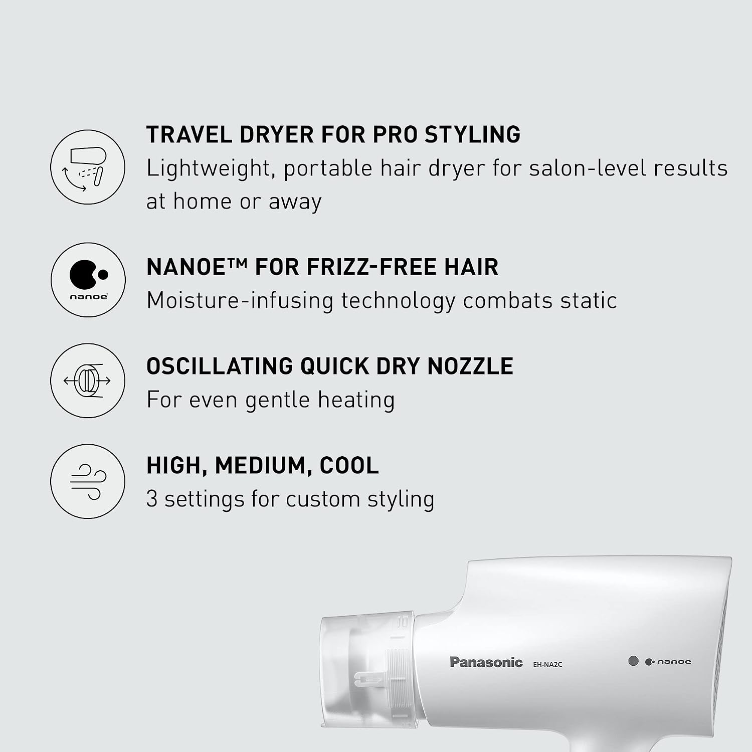 Panasonic nanoe Compact Hair Dryer EH-NA2C-W (White) - Japanese Nanoe Techonology, Foldable Travel Blow Dryer with Oscillating Quick Dry Nozzle, 1400W Lightweight Portable Hair Dryer, Anti-Frizz