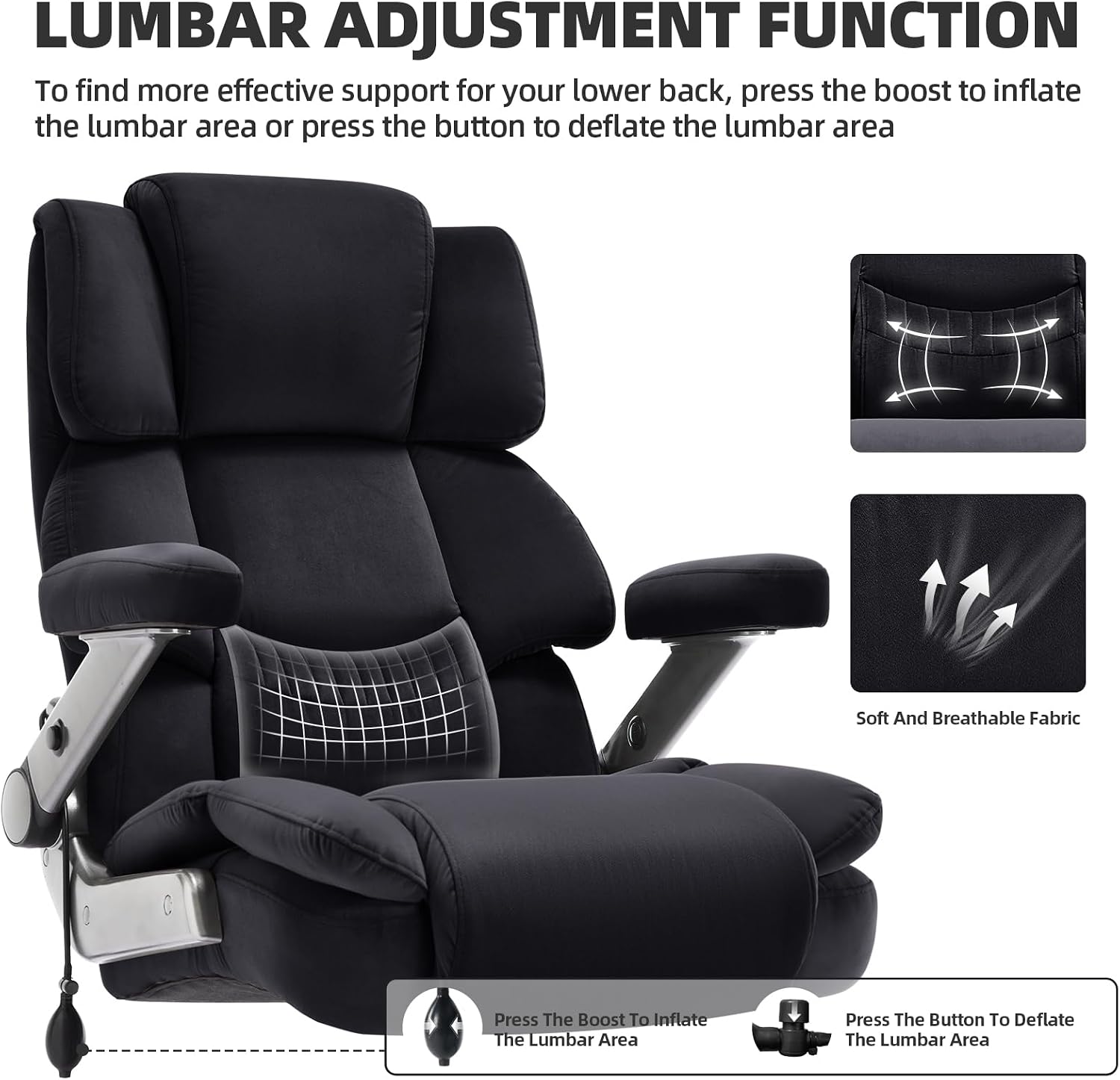 VUZI 700LBS Large Heavy Duty Office Chair with 3D Flip Arms, Big and Tall Plus Size Fabric Executive Desk Chairs, High Back Extra Wide Computer Chair with Adjustable Lumbar Support, Sturdy Metal Base