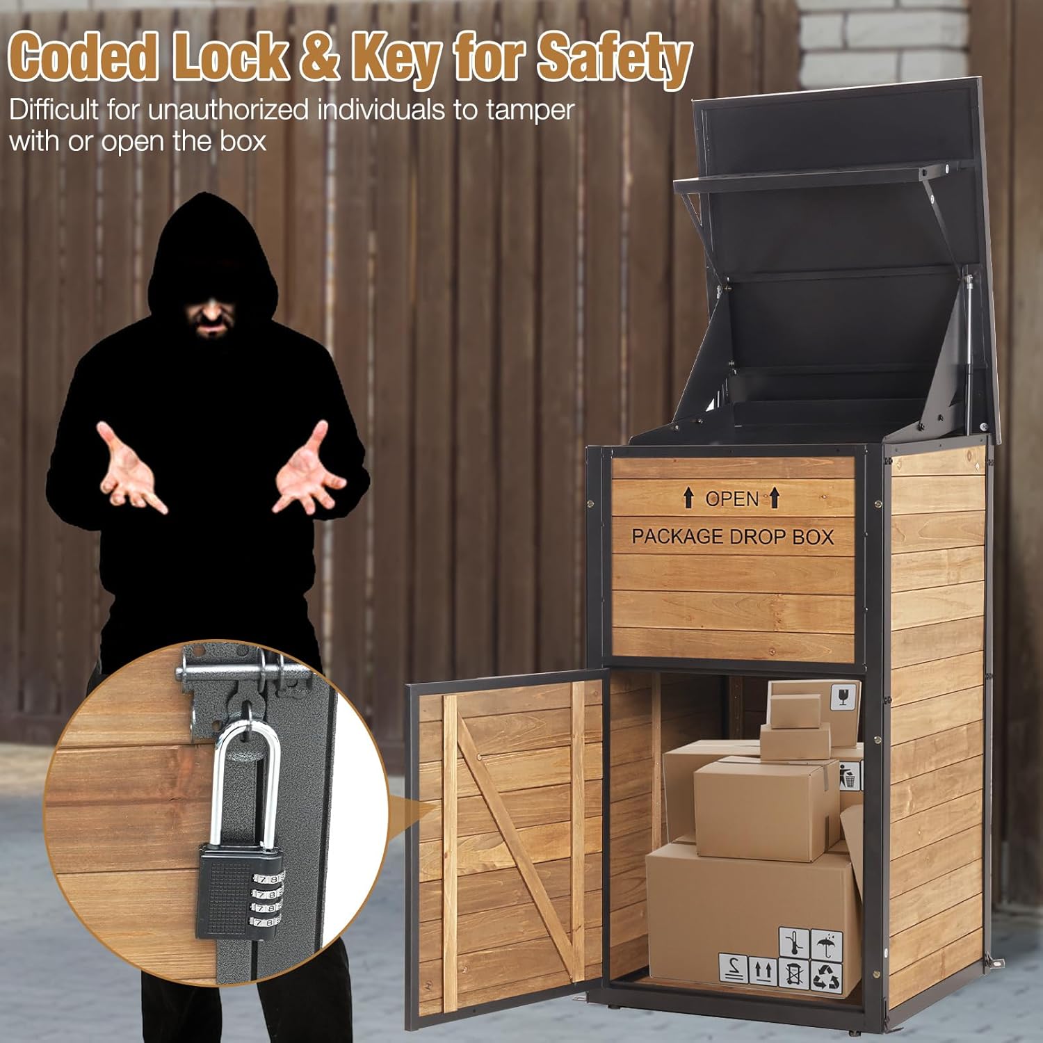 GUTINNEEN Package Delivery Box for Porch with Lockable Secure, Large Outdoor Parcel Storage Anti Theft -Waterproof Parcel Mailbox with Iron Frame & Natural Wood
