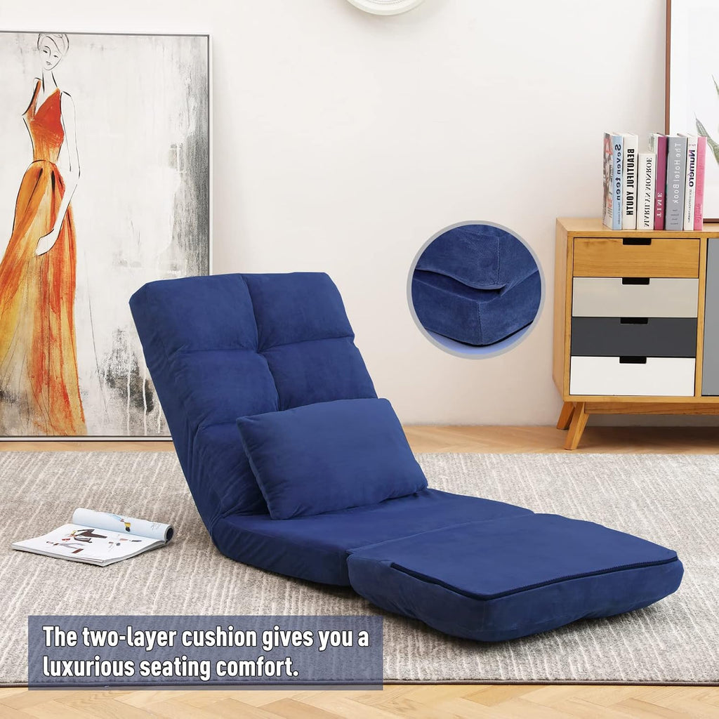 Indoor Chaise Lounge Sofa, Floor Chair with Back Support for Adults, 14 Angle Adjustment Recliner Chair, Folding Floor Lounger with Pillow 8823(Blue)