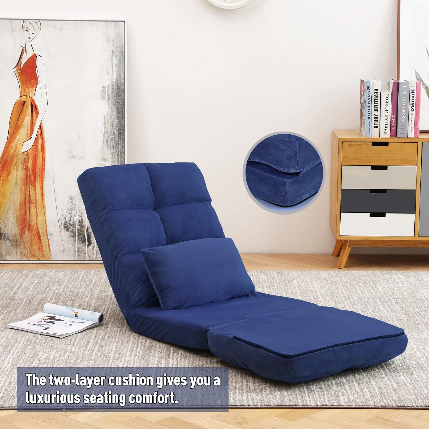 Indoor Chaise Lounge Sofa, Floor Chair with Back Support for Adults, 14 Angle Adjustment Recliner Chair, Folding Floor Lounger with Pillow 8823(Blue)