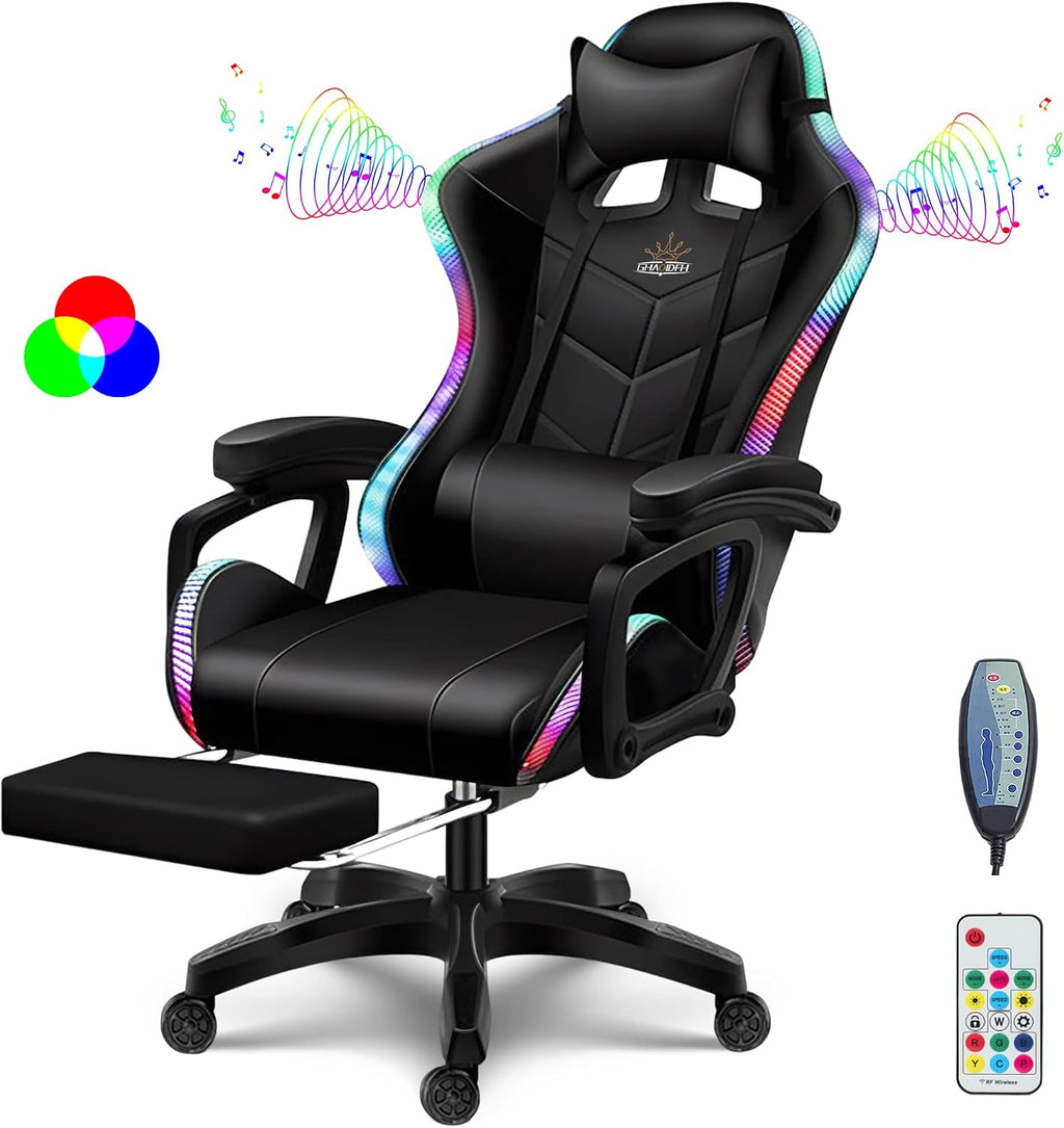 RGB Gaming Chair with Speakers Ergonomic Massage Computer Chair with Footrest Lumbar Support Headrest PU Leather 360°Swivel Recliner Chair High Back Video Game Chair for Adult Teens,Black